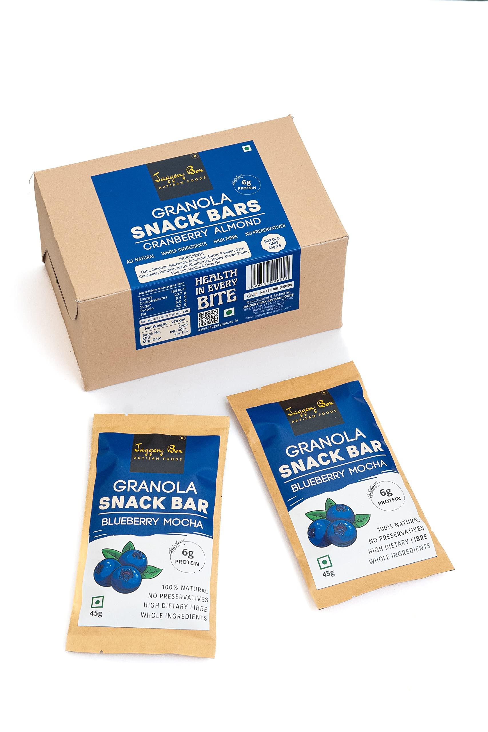 JAGGERY BOX Jaggery Box Blueberry Mocha Granola Snack Bar | All Natural with Wholegrains & Honey | No Preservatives & Artificial Flavours | 270g, Pack of 6 bars