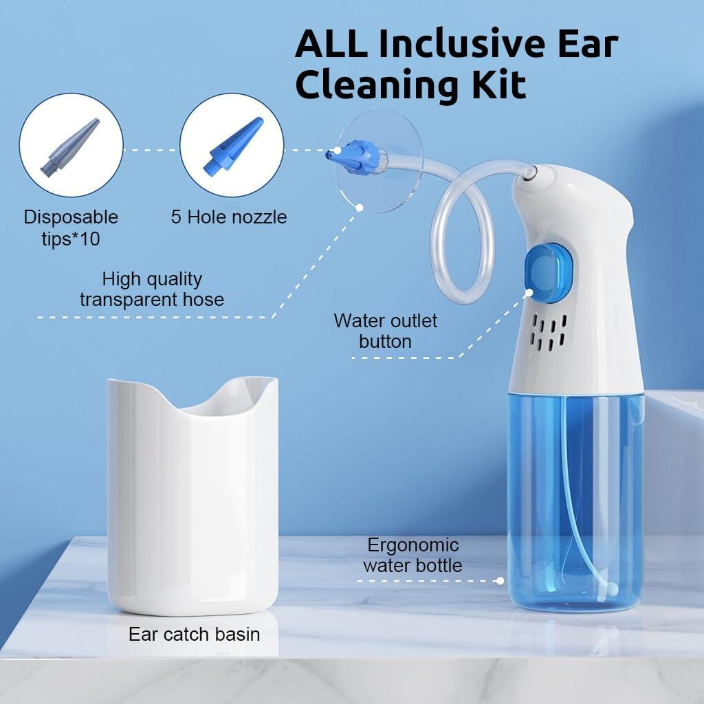 HANNEA HANNEA Manual Ear Irrigator Ear Wax Cleaner Long Pipe Ear Wax Removal Ear Canal Irrigator for Adults & Kids Ear Cleaning Rinser with 10Pcs Single Hole Nozzles, 1 Five Hole Nozzle, 250ml Water Cup