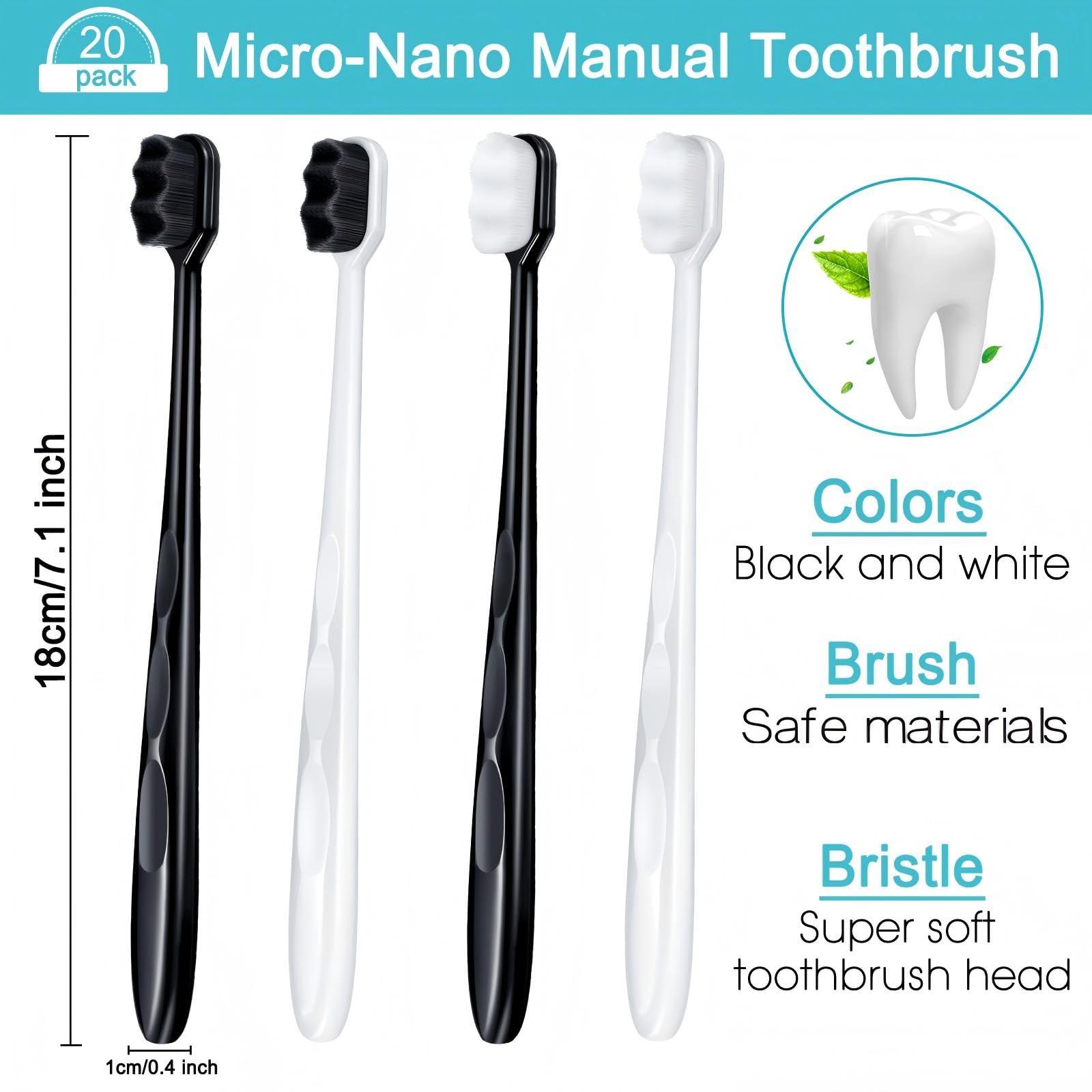 Patelai 20 Pieces Extra Soft Toothbrush Micro Nano Toothbrushes 20,000 Soft Bamboo Charcoal Bristles Toothbrush Soft Bristle for Fragile Teeth Oral Gum Recession, Black and White