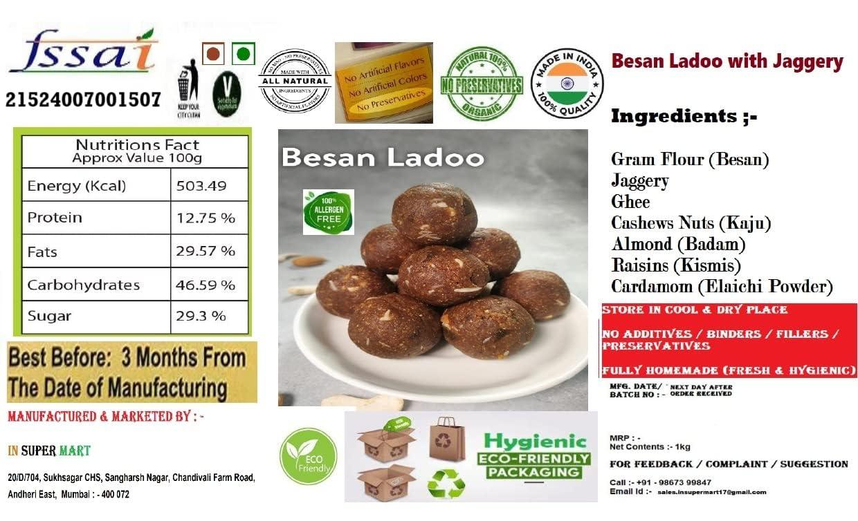 In Super Mart Gluten Free FRESH Generic No Preservatives Special Homemade Besan Ladoo Made with Jaggery and Ghee - 1kg