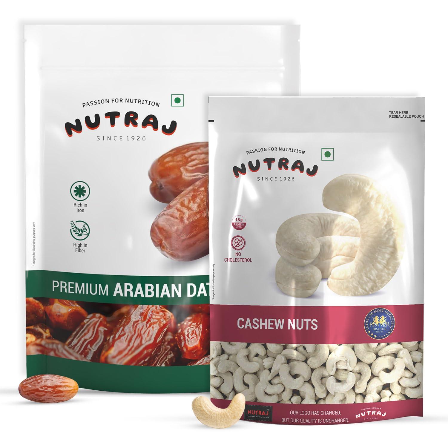 Nutraj Nutraj Arabian Dates 500g and Cashew Nuts W320 250g - 750g Combo Pack | Kaju | Khajoor | No Added Sugar | Dried Fruits | Nutritious, Delicious & Crunchy Kaju