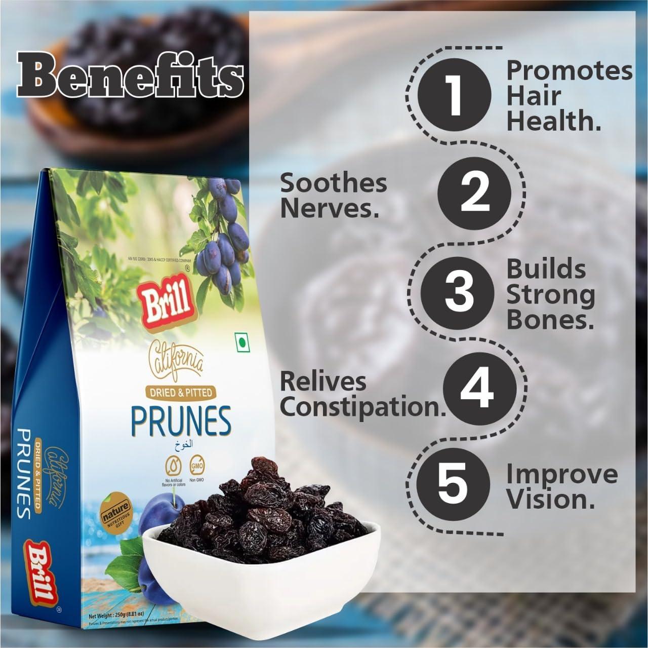 Brill Brill Dried California Prunes 250g | High in Antioxidants & Slows the Ageing Process | Source of Vitamin C and K | Pitted Prunes California Prunes | Nutritious and Healthy Snack