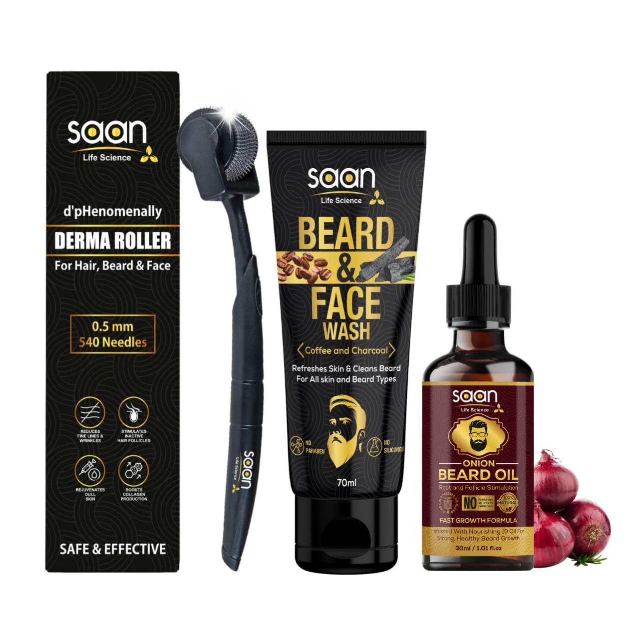 SAAN Life Science SAAN Advanced Beard Growth Kit with 0.5mm, 540 titanium needle Beard Activator (Dermaroller), Onion Beard Growth Oil and Beard & Face Wash| Fast Beard Growth