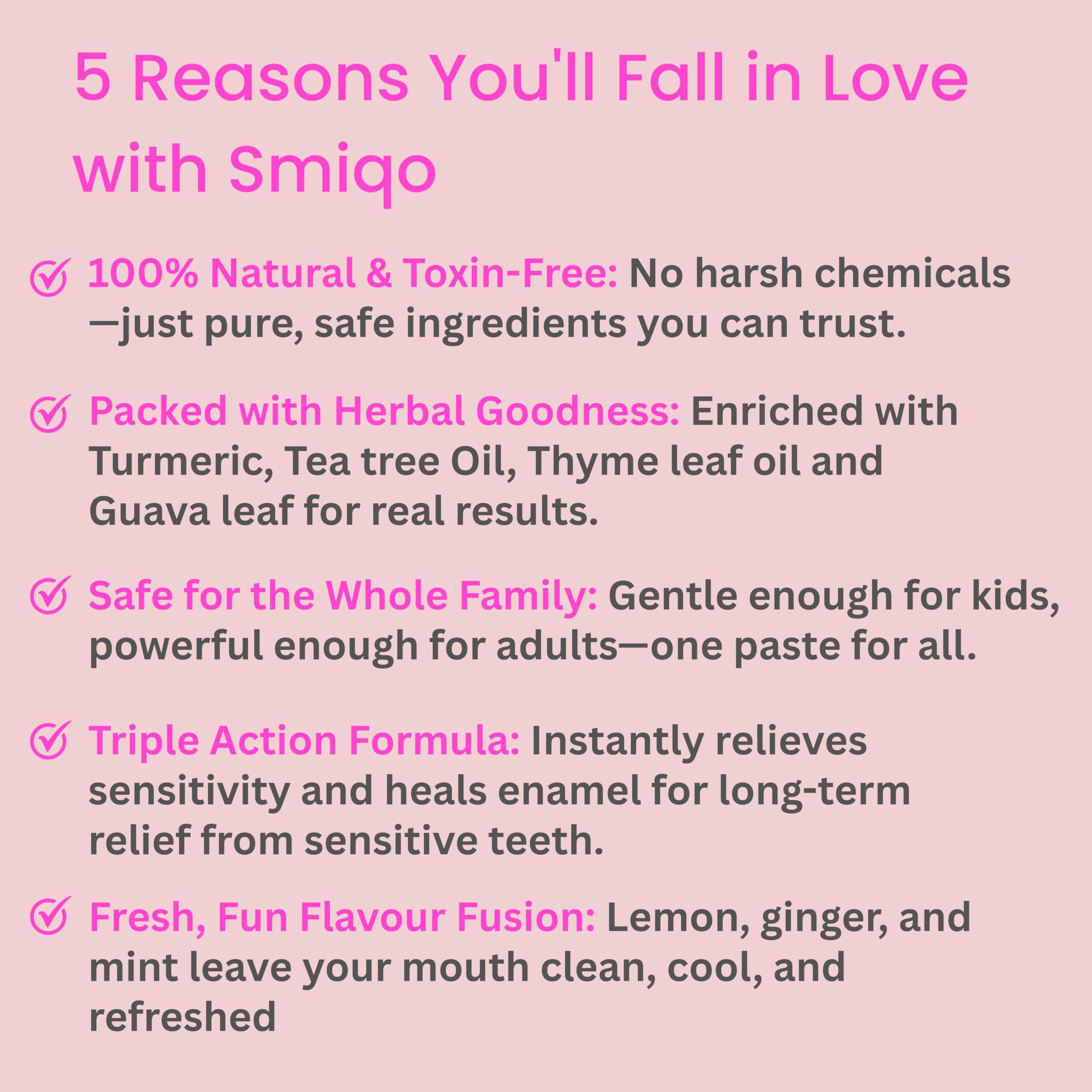 Smiqo Smiqo Sensi Relief Toothpaste - 100g | Instant Sensitivity Relief | Raspberry-Vanilla Delight | Advanced Formula with N-Hap, L-Arginine, and Potassium Nitrate | Fights Plaque & Cavities | Freshens Breath | SLS-Free | No Harsh Chemicals