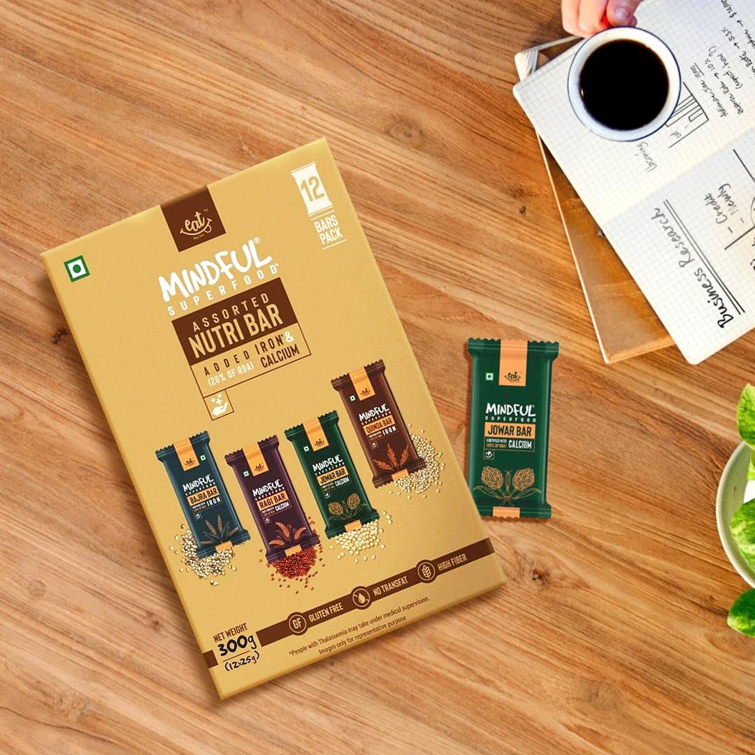 Mindful Eat Anytime Mindful Healthy Assorted Millet Energy Bar | Gluten Free & High Fiber | Energy Bar Sugar Free| Healthy Bar & Breakfast Protein Bar | Millet Bar/Energy Bar-300gm (12pcs of 25gm)