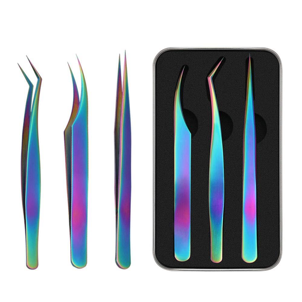 Honeytecs Honeytecs 3 Pieces Eyelash Extension Tweezers Set Stainless Steel Tweezers Lash Extension Tweezers with Storage Case Eye Makeup Tools