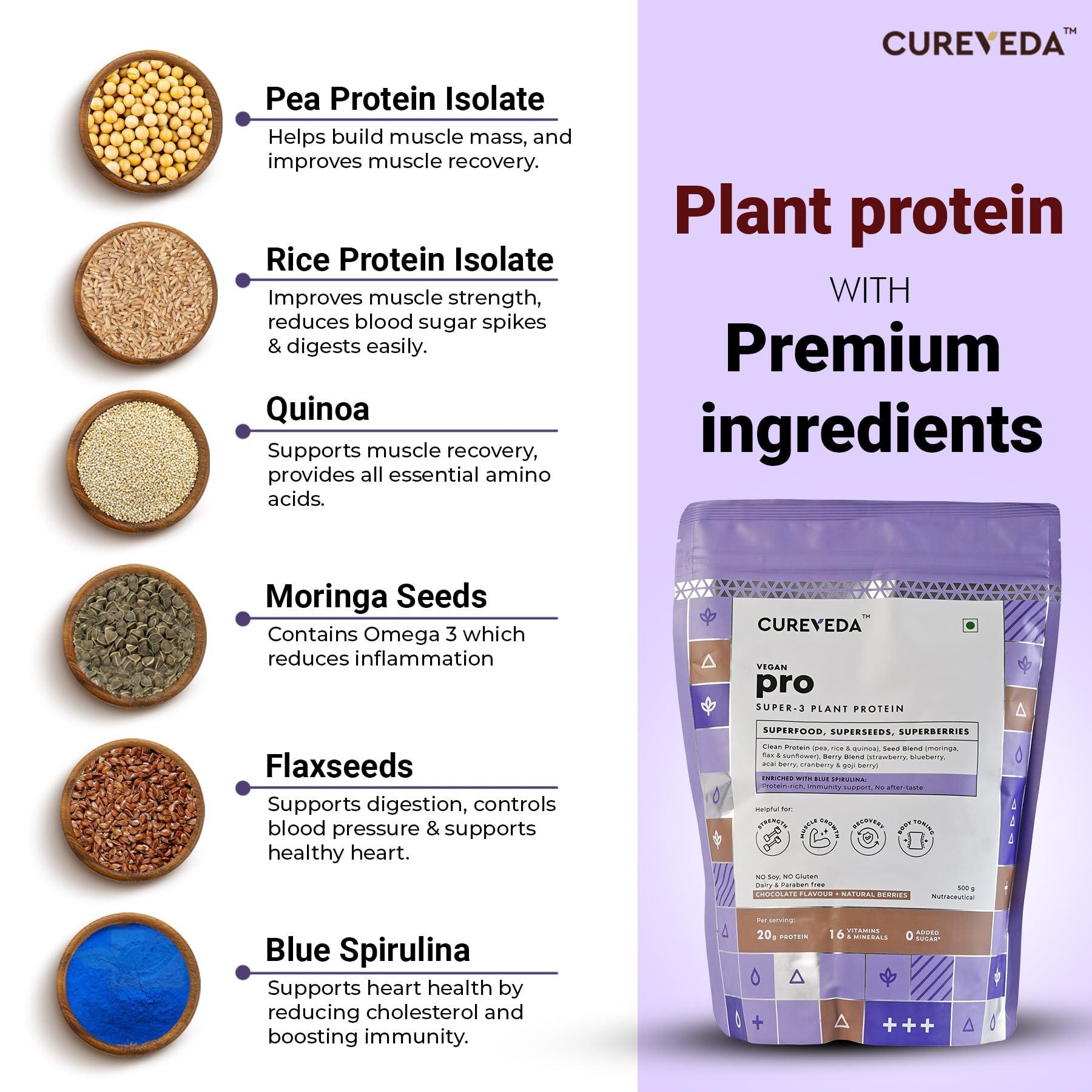 Cureveda Cureveda Pro Plant Protein Powder, Vanilla - Pea & Rice Isolate - No Bloating | Vegan, Preservative Free | Superfoods, Superseeds, Superberries | 20gm Serve | 500gm