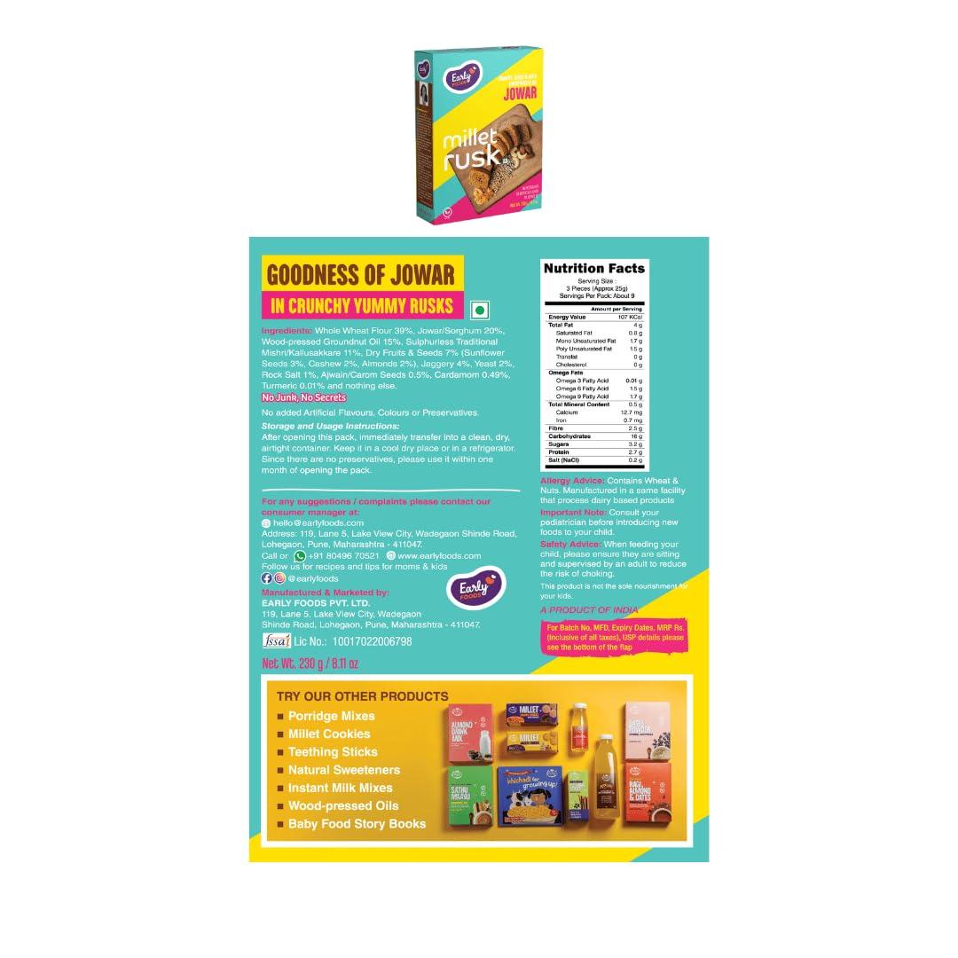 Early Foods Early Foods - Pack of 2 : Jowar Rusks | Millet Rusk Sugar Free | No Maida Rusk | Rusks for Kids | Millet Toast Biscuits Rusk 230g x 2