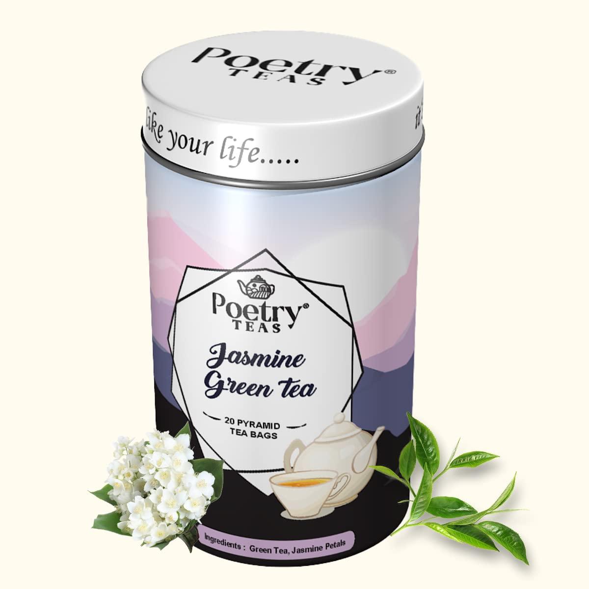 Poetry Poetry Teas Duo - Jasmine Tea Bag (20 Bags) + Hibiscus Loose Tea (75g) - 100% Natural Blend for Healthy Skin, Refreshing Immune Support, Vegan-Friendly, Mood Enhancement, Stress Buster (Combo of 2)