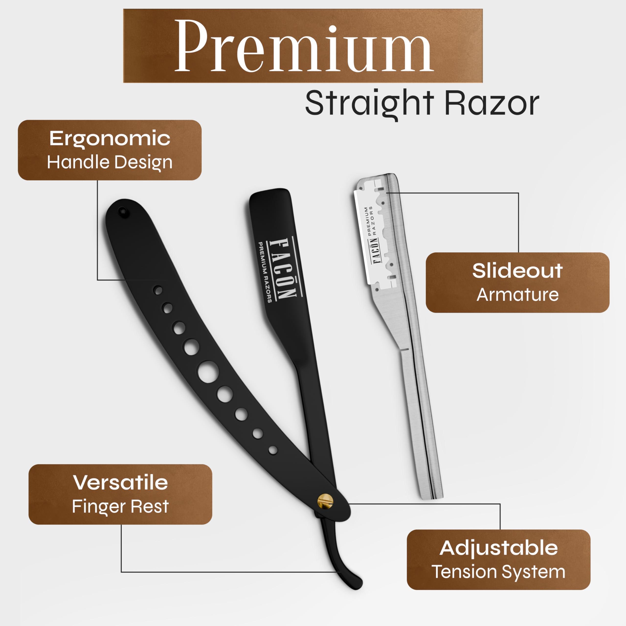 FACON Facón Professional Straight Edge Barber Razor/Rasoirs/Rasoi with Adjustable Tension Screw - Salon Grade Quality Cut Throat Shavette - Japanese Stainless Steel - Black & Gold Limited Edition Gift Box