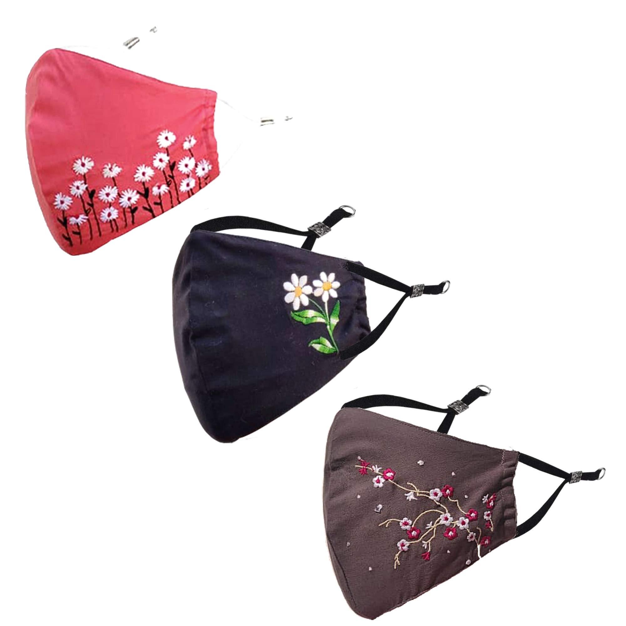 Shaila's Couture Shaila's Couture Embroidered Face Mask, Adjustable Earloops, Washable, Reusable Fabric (Ruby, Black, Charcoal, Without Valve, Pack of 3) for Women