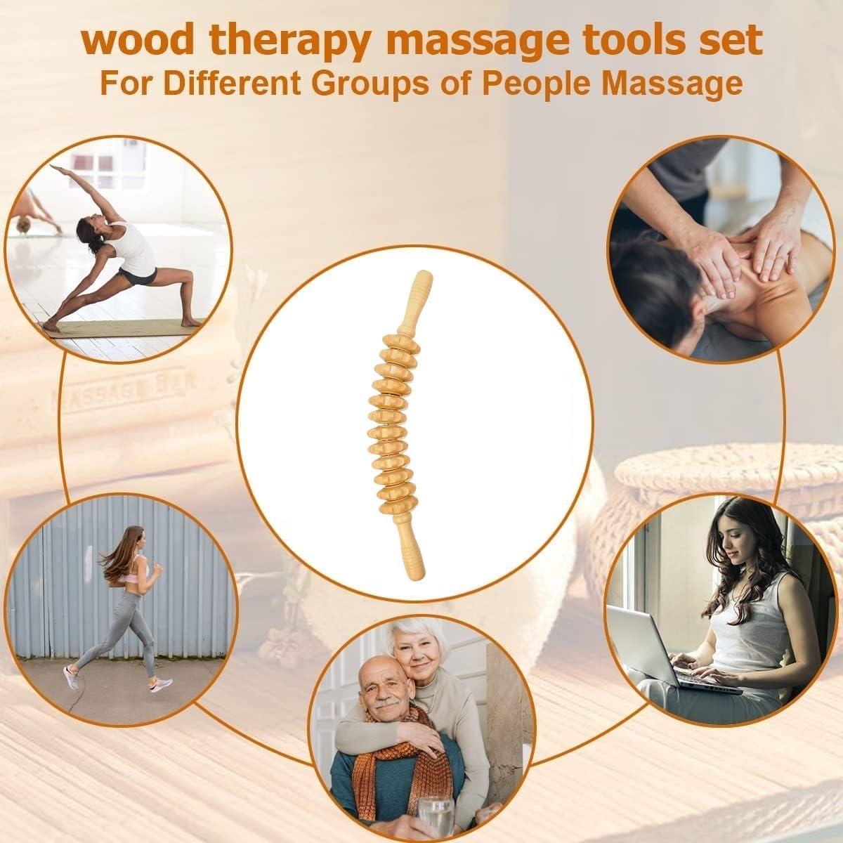 HEVASNEK HEVASNEK 12 wheel Wood Therapy Roller Stick Massage Tool, Curved Design Full Body Pain Relief Handheld Back Massage Muscle Roller Stick Trigger Points, Sculpt and Detoxify [45x6x6 CM ]