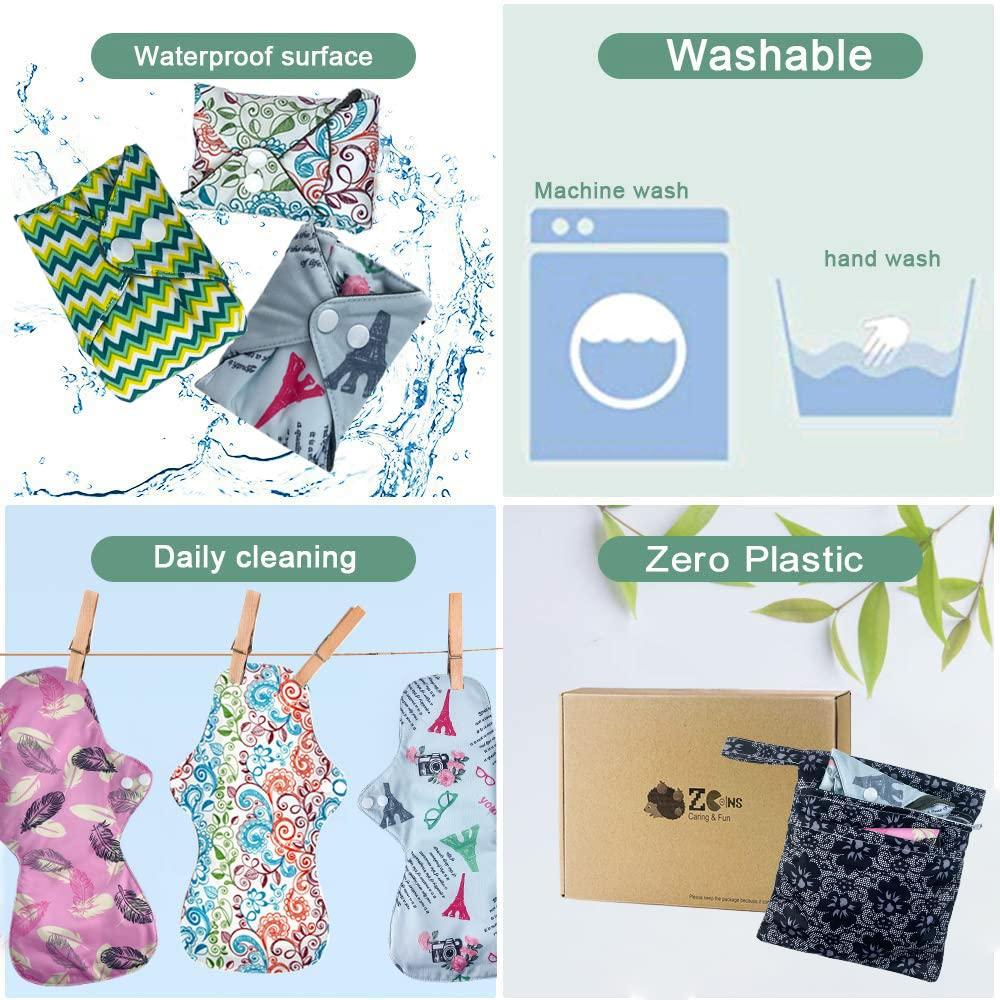 ZCOINS ZCOINS 4PCS Overnight Pads 13.5inch Reusable Pads Menstrual Heavy Flow, Washable Cloth Pad with 1 Zipper Bag