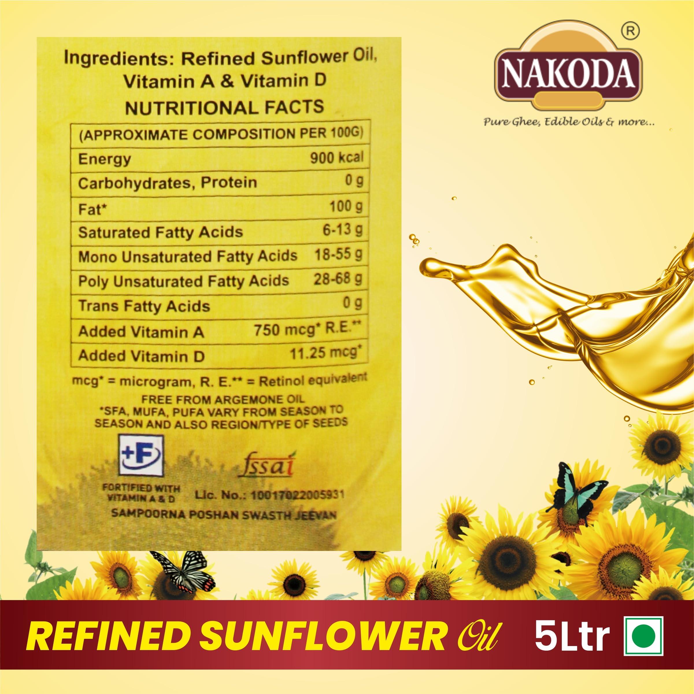 NAKODA NAKODA Sunflower Oil 5 Liter, Edible Oil for Cooking & Frying, Everyday Kitchen Use, Vegetable Oil, Healthiest Cooking Oil, Natural and pure oil