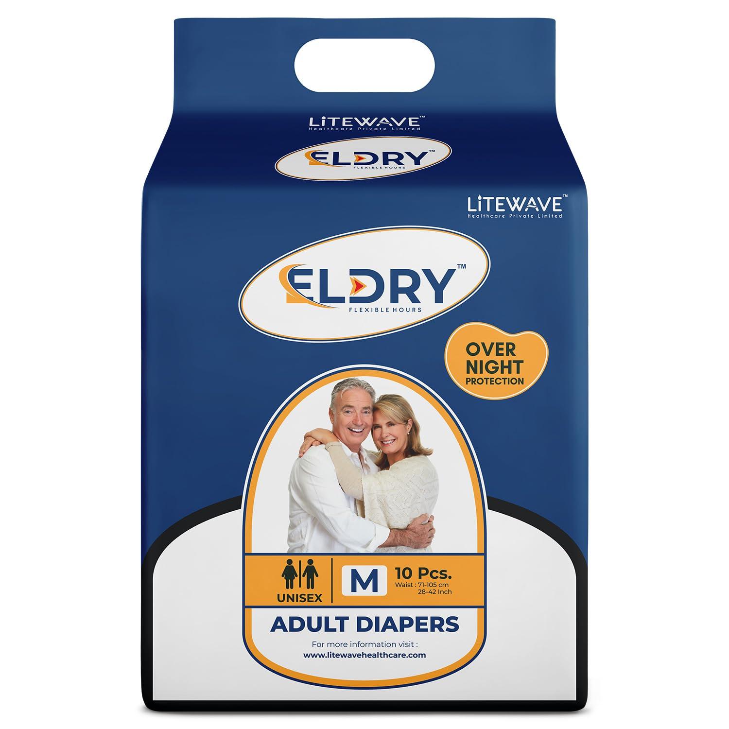 ELDRY Eldry Adult Diaper, Tape Style, Medium (M) Size, 10 Count, Unisex, Waist Size (40-60 inches | 102-152 cm), Super Absorbent Core, Wetness Indicator, Overnight Protection, Pack of 1