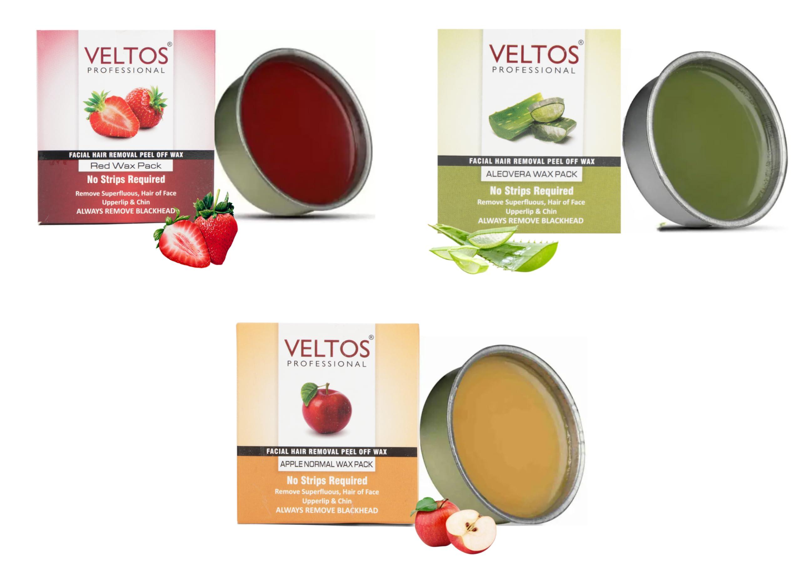 VELTOS Veltos Professional Facial Peel Off Katori Face Wax Combo Kit Pack of 3 (Aloe Vera, Apple Regular & Red Wine 80gm Each)