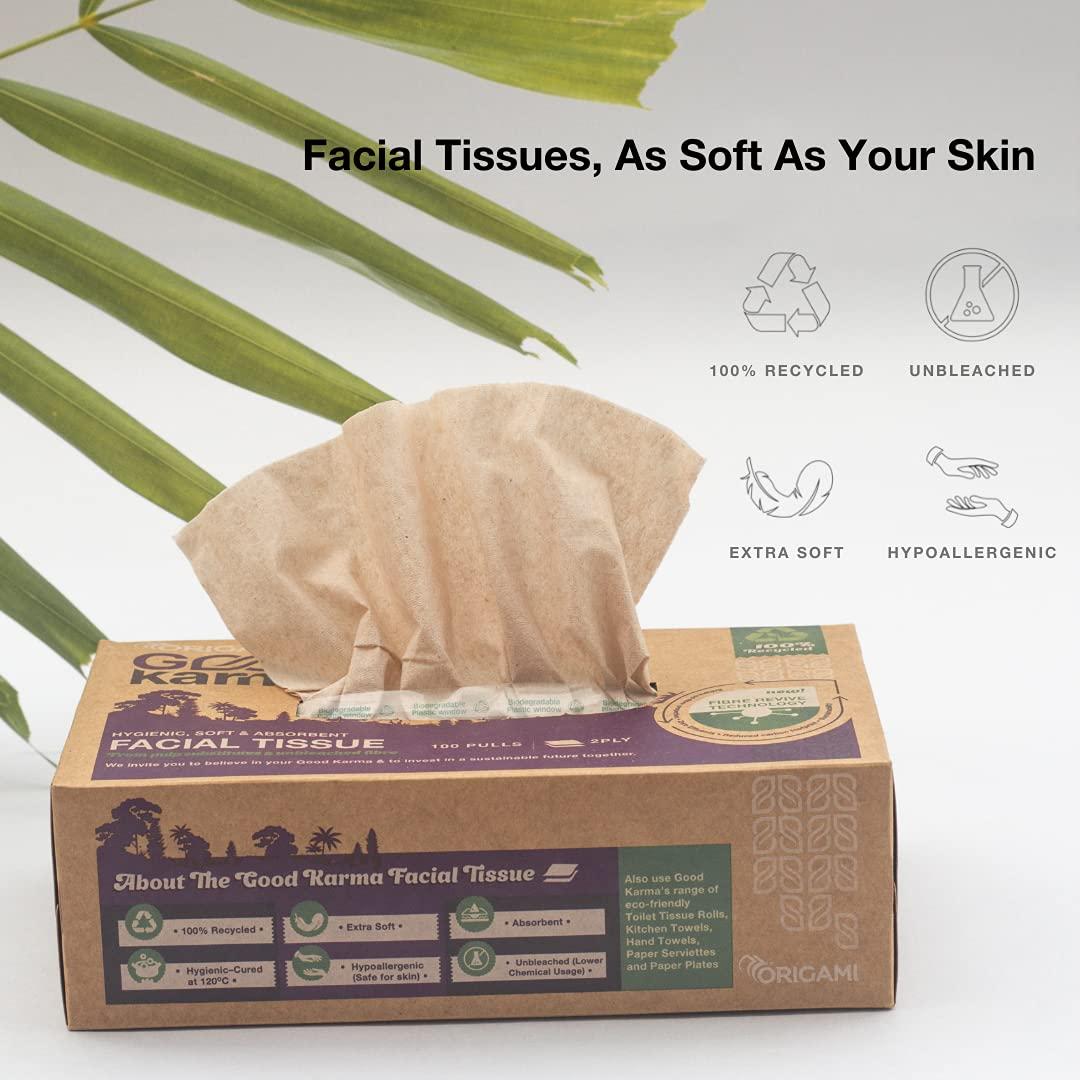 Origami Origami Good Karma 2 Ply Eco-Friendly Unbleached Facial Tissue Box | Car Tissue - Pack of 4 (100 Pulls Per Box, 400 Sheets)