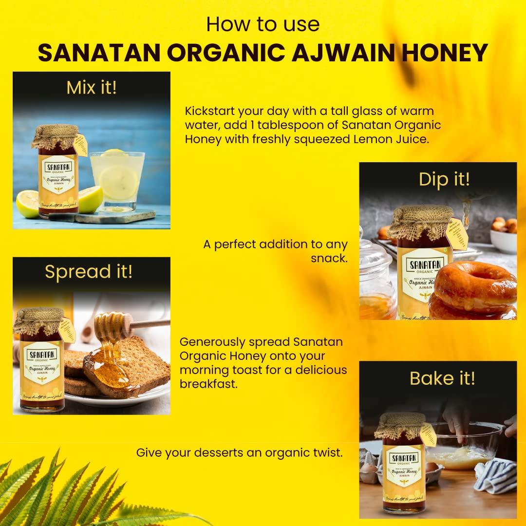 SANATAN ORGANIC Sanatan Organic Unprocessed and certified organic 100% Natural &Pure Ajwain Honey cures Gastric,Acidity,help in digestion|Preservative free|No artificals|No Added Sugar|Mono Flora Honey-250g Glass Jar