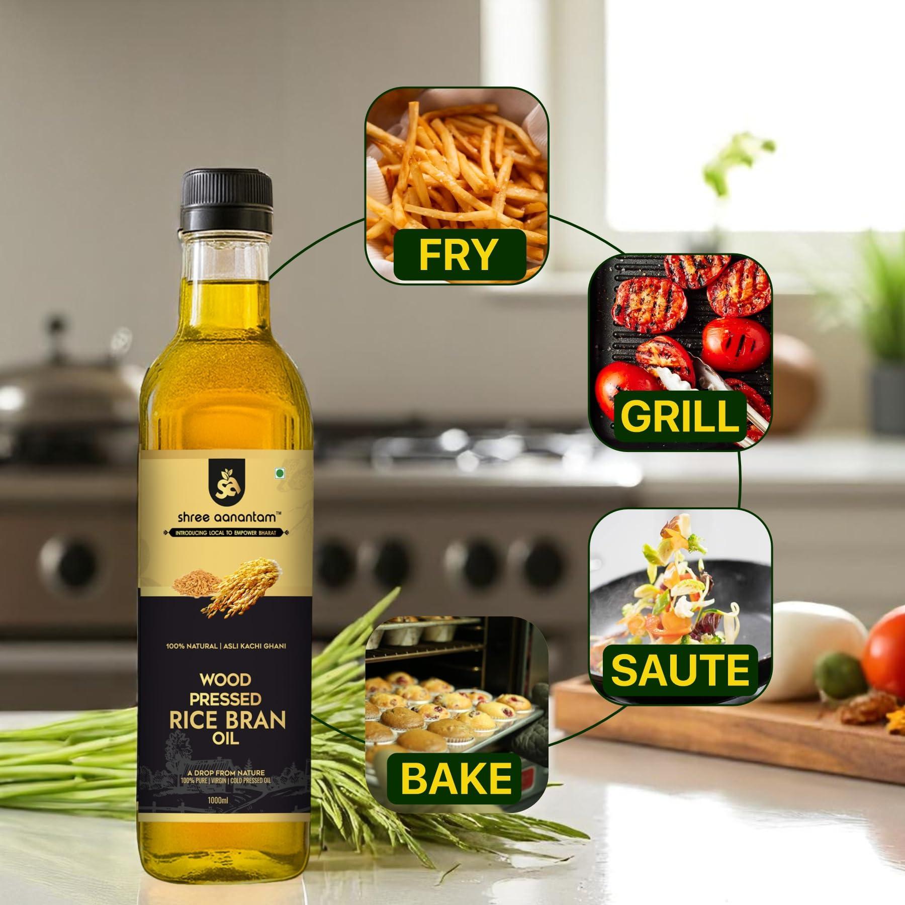 Shree Aanantam Shree Aanantam Cold Pressed Rice Bran Oil - 5 Litre | Bottle | Kolhu/Kacchi Ghani/Chekku | 100% Pure & Natural | Chemical-Free | Wood Pressed Rice Bran Oil for Cooking - 5L (Pack of 1)