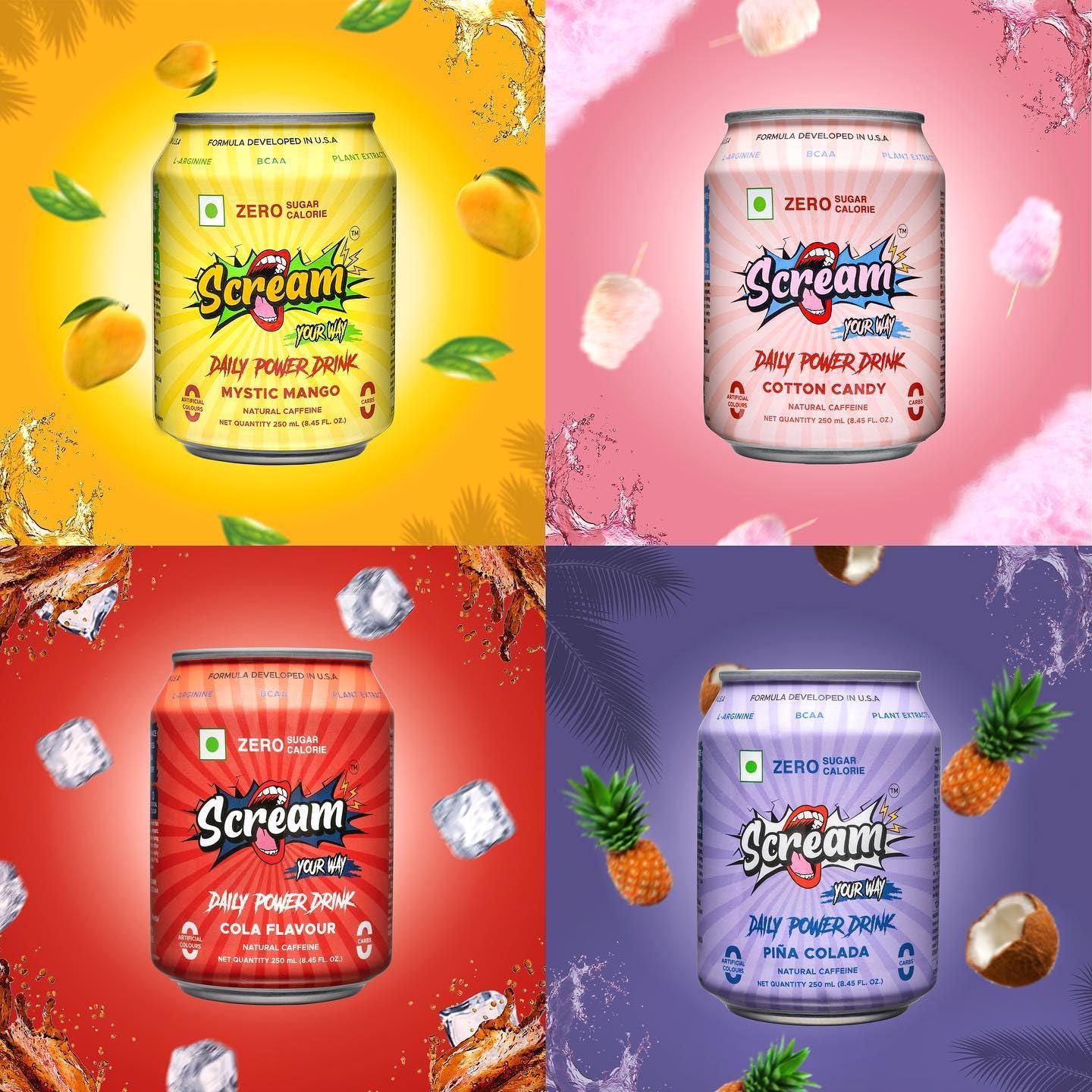 SCREAM YOUR WAY Scream Power Energy Drink: Assorted Flavour, 0 Sugar, 0 Calorie, 0 Carb, 0 Artificial Color Energy Drink with BCAA, Natural Caffeine, Sustained Energy - Pack of 4, 250ml Cans