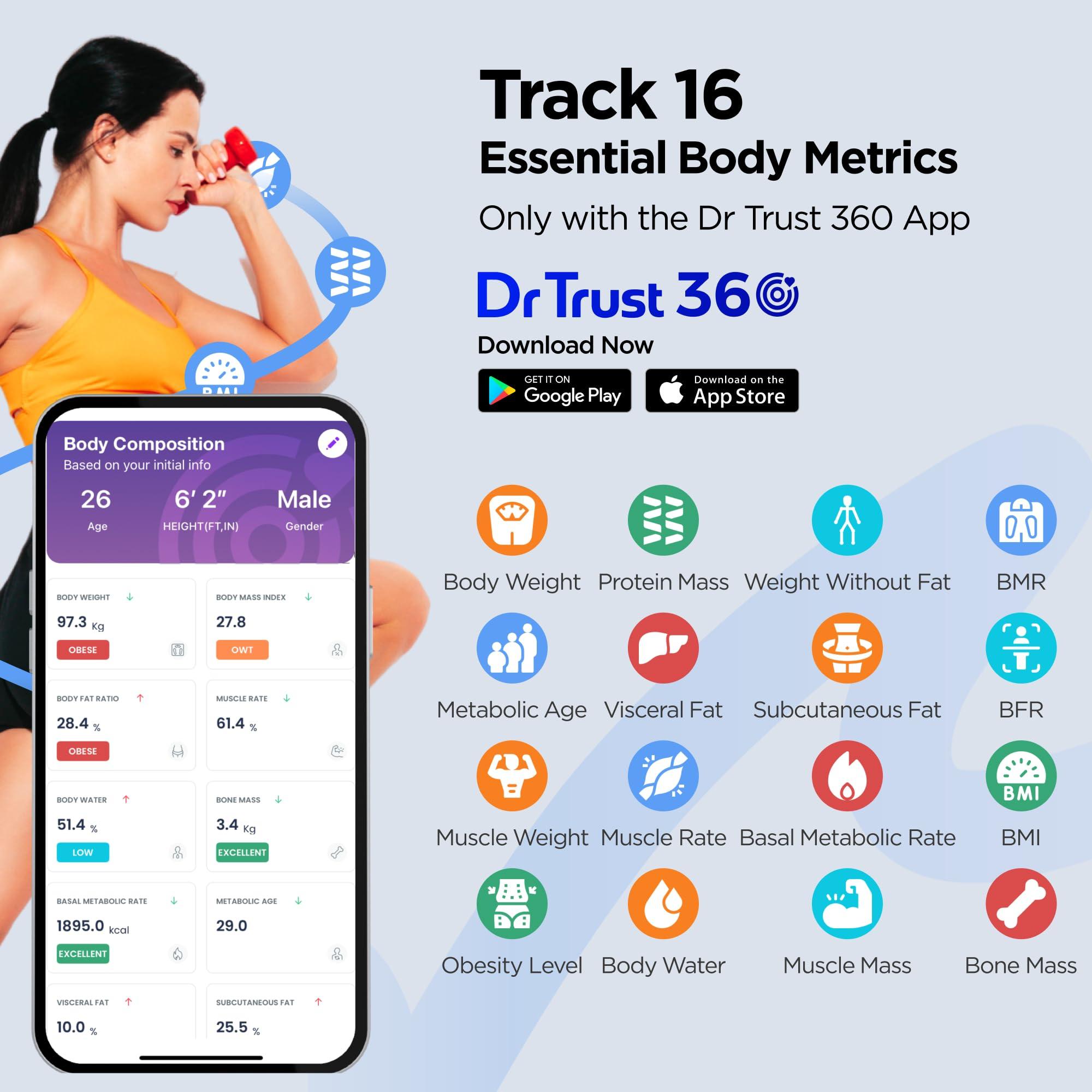 Dr Trust Dr Trust USA Hercules Smart Body Fat Scale & Composition Measurement Device-525, BMI, Personal Weighing Machine Monitor Body Weight & Age, Syncs With Fitness App (Black)