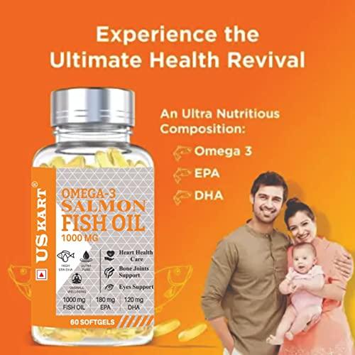 US KART NATURAL HEALTH SUPPLEMENTS US KART Omega 3 Salmon Fish Oil Capsules for Men & Women | 1000mg Omega 3 with 180 mg EPA & 120 mg DHA | No Fishy Burps | Omega 3 Fish Oil Supports Healthy Heart, Brain & Bones | 60 Softgels |