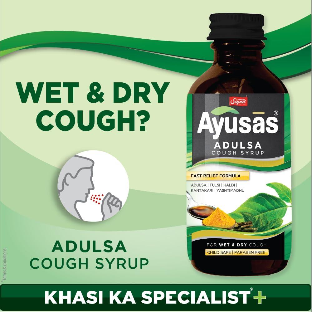 AYUSAS AYUSAS Sapat Adulsa Cough Syrup, Paraben Free, Child Safe, Triple-action formula,100% Natural for Wet and Dry Cough, (200 ml) (Pack of 2)