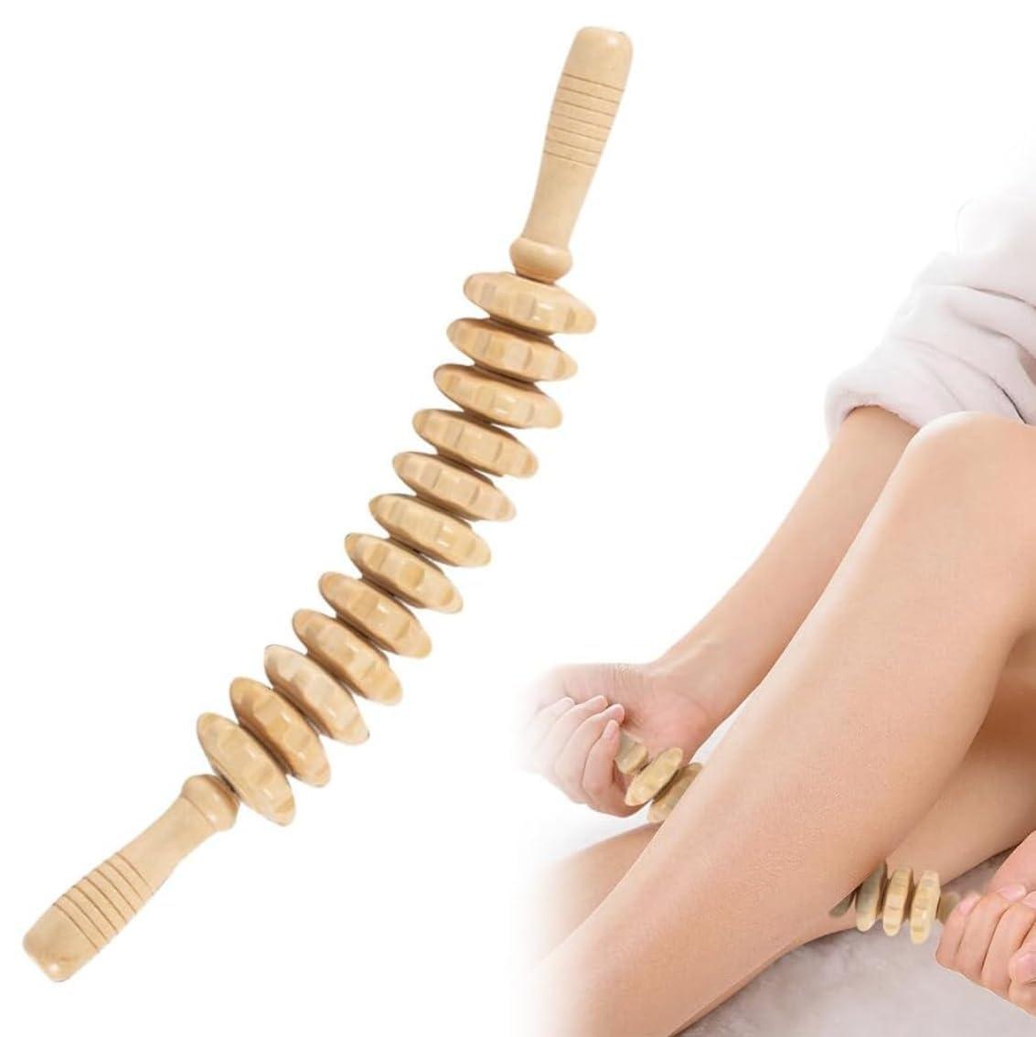 HEVASNEK HEVASNEK 12 wheel Wood Therapy Roller Stick Massage Tool, Curved Design Full Body Pain Relief Handheld Back Massage Muscle Roller Stick Trigger Points, Sculpt and Detoxify [45x6x6 CM ]