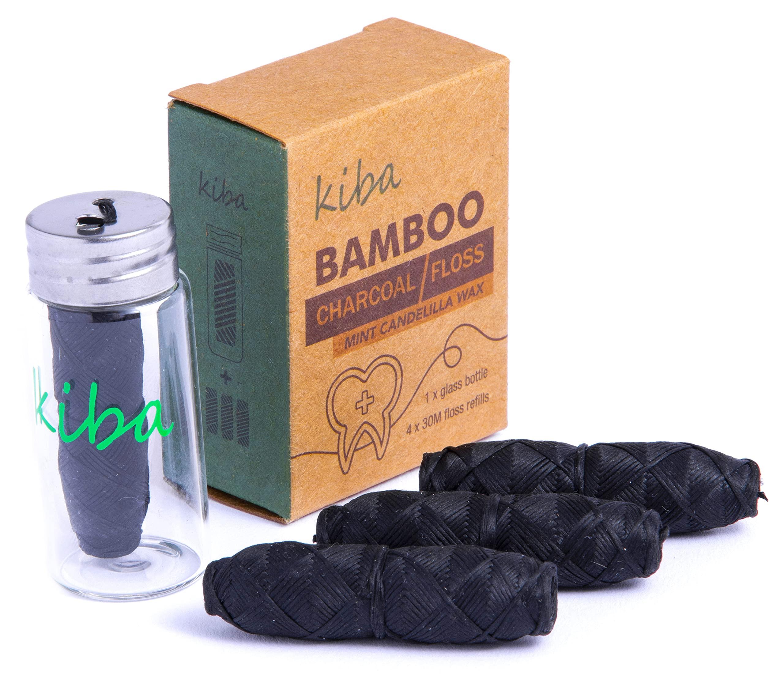 Kiba Kiba Bamboo Charcoal Floss w/ Reusable Floss Container 5 pc Kit (1 Glass Floss Container + 4x30m Dental Floss Refills) - Eco Friendly Floss w/ Candelilla Wax - Mint - Vegan