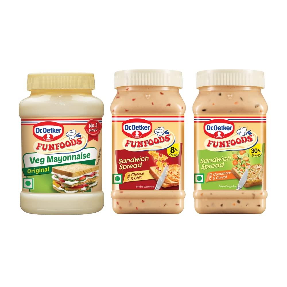 Dr. Oetker Dr. Oetker FunFoods Mayonnaise and Sandwich Spread Combo - Veg Mayo Original 250g, Cucumber & Carrot Sandwich Spread 250g and Cheese Chilli Sandwich Spread 250 Grams