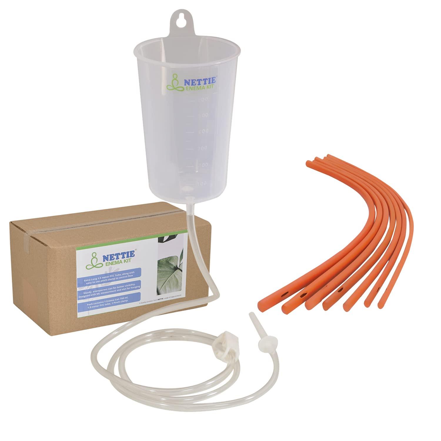 NETTIE NETTIE Enema Kit | 750ml can, extra Long 1.5 meter PVC Tube and 1 pinch clamp and nozzle used for home/ hospital with Pack of 7 size 12 enema tubes use in Naturopathy and Ayurveda with Instruction leaflet - Combo Pack