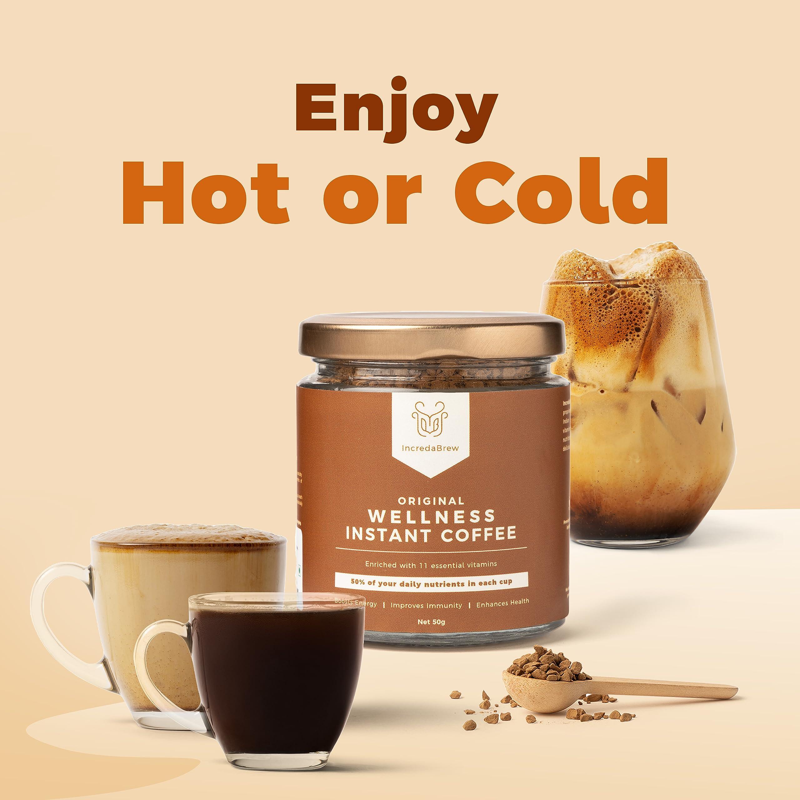 IncredaBrew IncredaBrew Wellness Instant Coffee Powder - 100g, Vitamin Rich Diet Coffee | Makes 50 Cups of Hot/Cold Coffee, Milk/Black Coffee | Gold Blend Freeze Dried Coffee Combo Pack of 2 x 50g