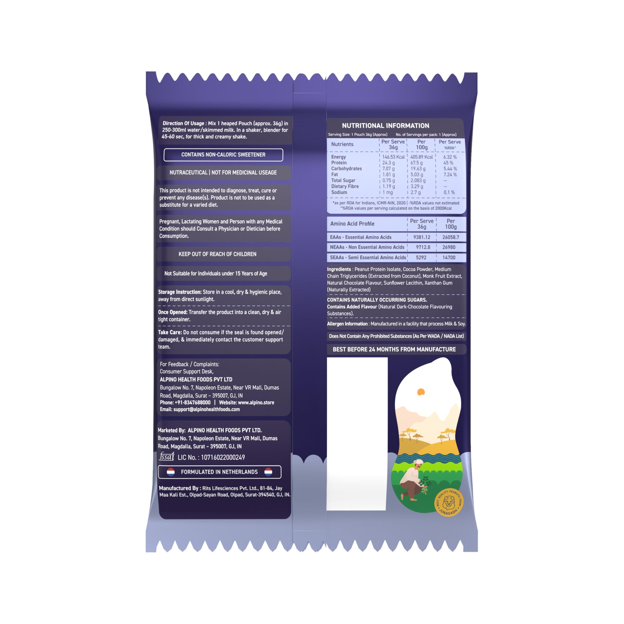 Alpino Alpino Supernatural Peanut Protein Powder Dark Chocolate 432g (12 Day Trial Pack) - 100% Plant-Based, High-Performance Protein - 24g Protein, 5.1g BCAAs, No Added Sugar, Gluten-Free