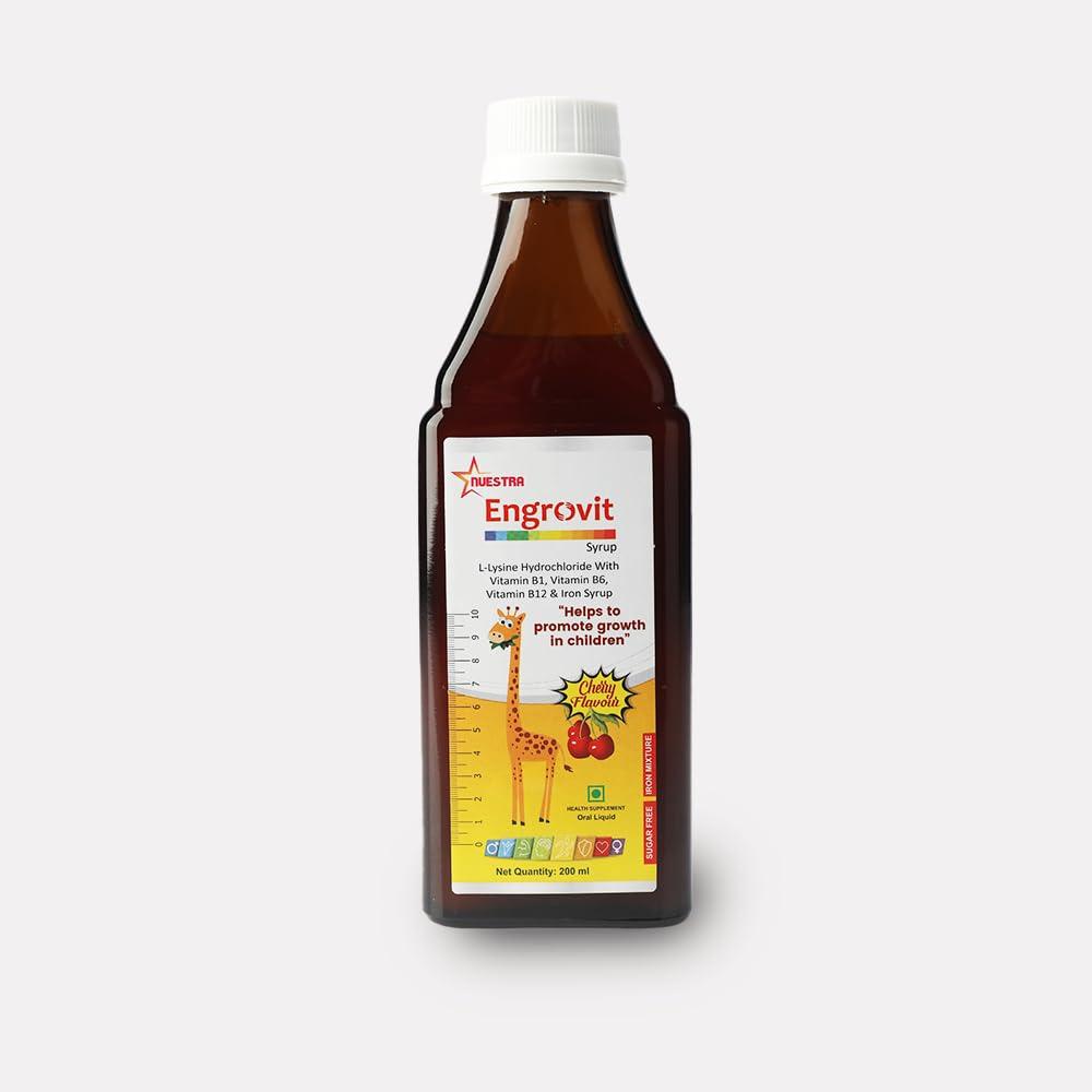 ENGROVIT Engrovit 200 ml Height Increase Syrup for kids | Cherry Flavour for Growing Children - Promotes Height Growth | Height Supplement (Pack of 2)