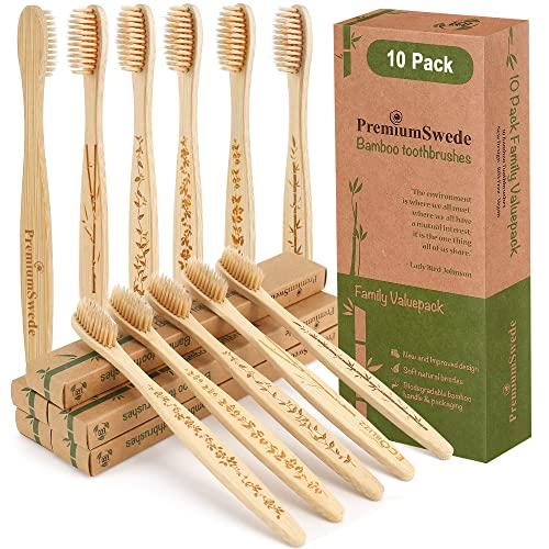 Premiumswede Bamboo Toothbrushes Biodegradable Eco Friendly - Natural Wooden Toothbrush with Soft Bristles - for Kids, Adults - Family 10 Pack