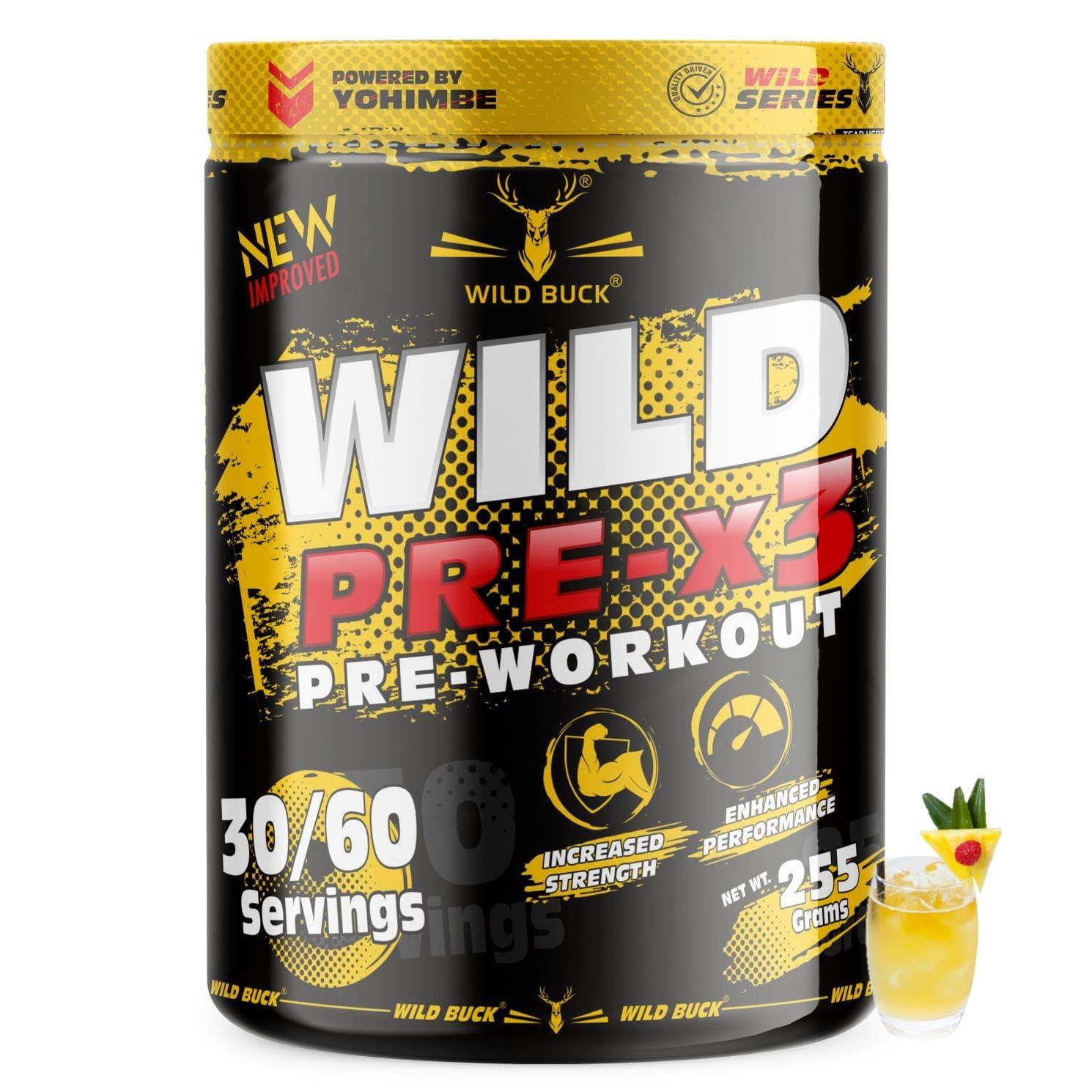 WILD BUCK WILD BUCK Wild Pre-X3 Hardcore Pre-Workout Supplement Powder, Energy Drink Monohydrate, Men,Women [30-60 Servings, Pina Colada, 255G] + Reduce Fatigue, [50 Servings, Pink Lemonade]