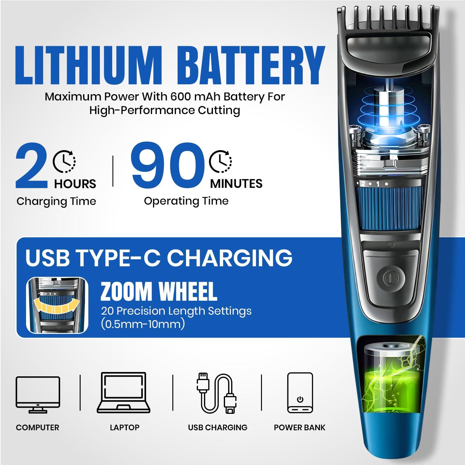 VGR VGR V-052 Professional Hair Trimmer for men  Adjustable Length Settings (0.5-10mm), USB Rechargeable, Cord/Cordless Operation, Washable Head, Includes Guide Comb & Cleaning Accessories (Blue)