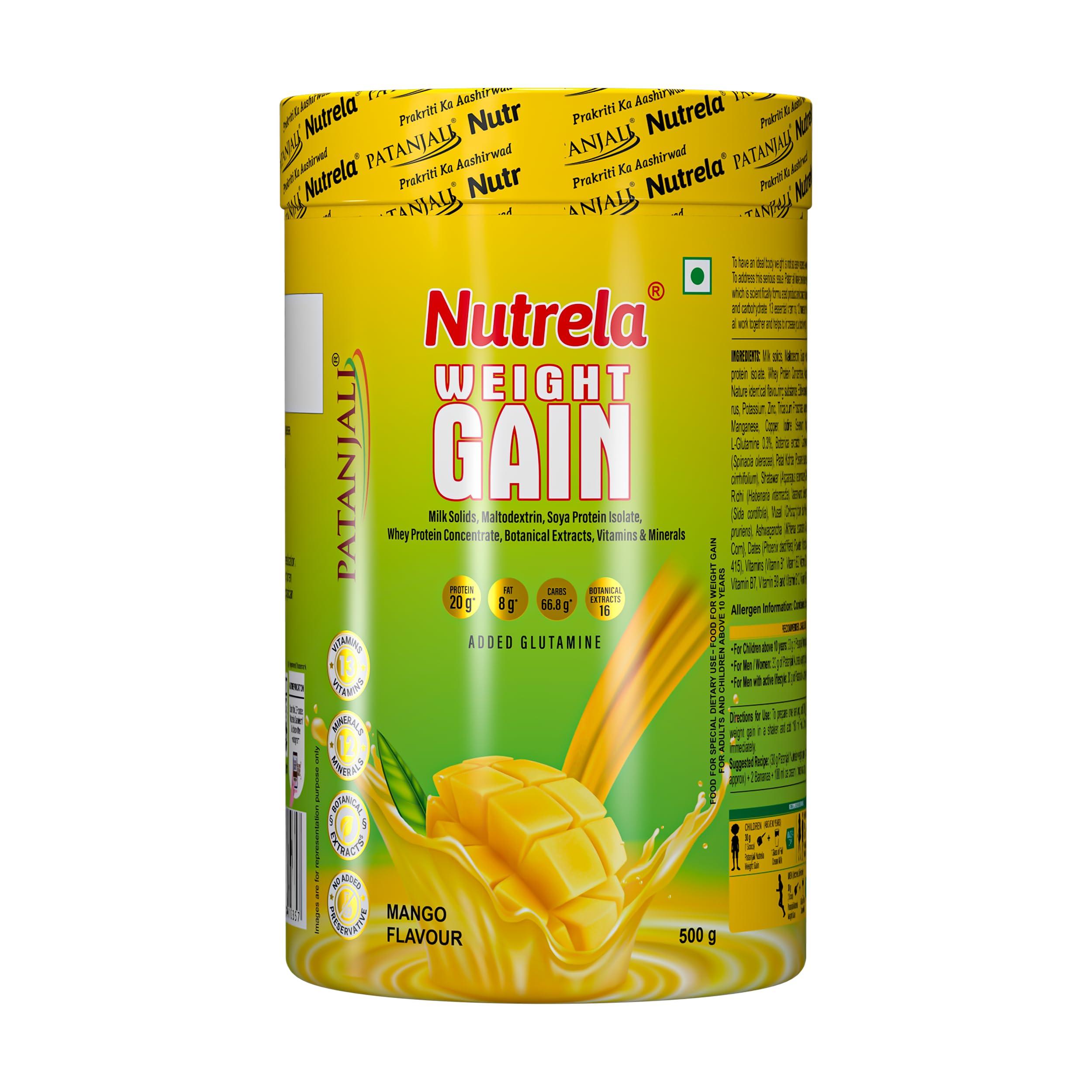 NUTRELA Nutrela Weight Gainer Powder - 500 gram, Mango Flavour | 20g Protein, 66.8 Carbs, 13 Vitamins & 12 Minerals with Khandsari Sugar | Ideal for Athlete, Men, Women & Kids above 10 Year