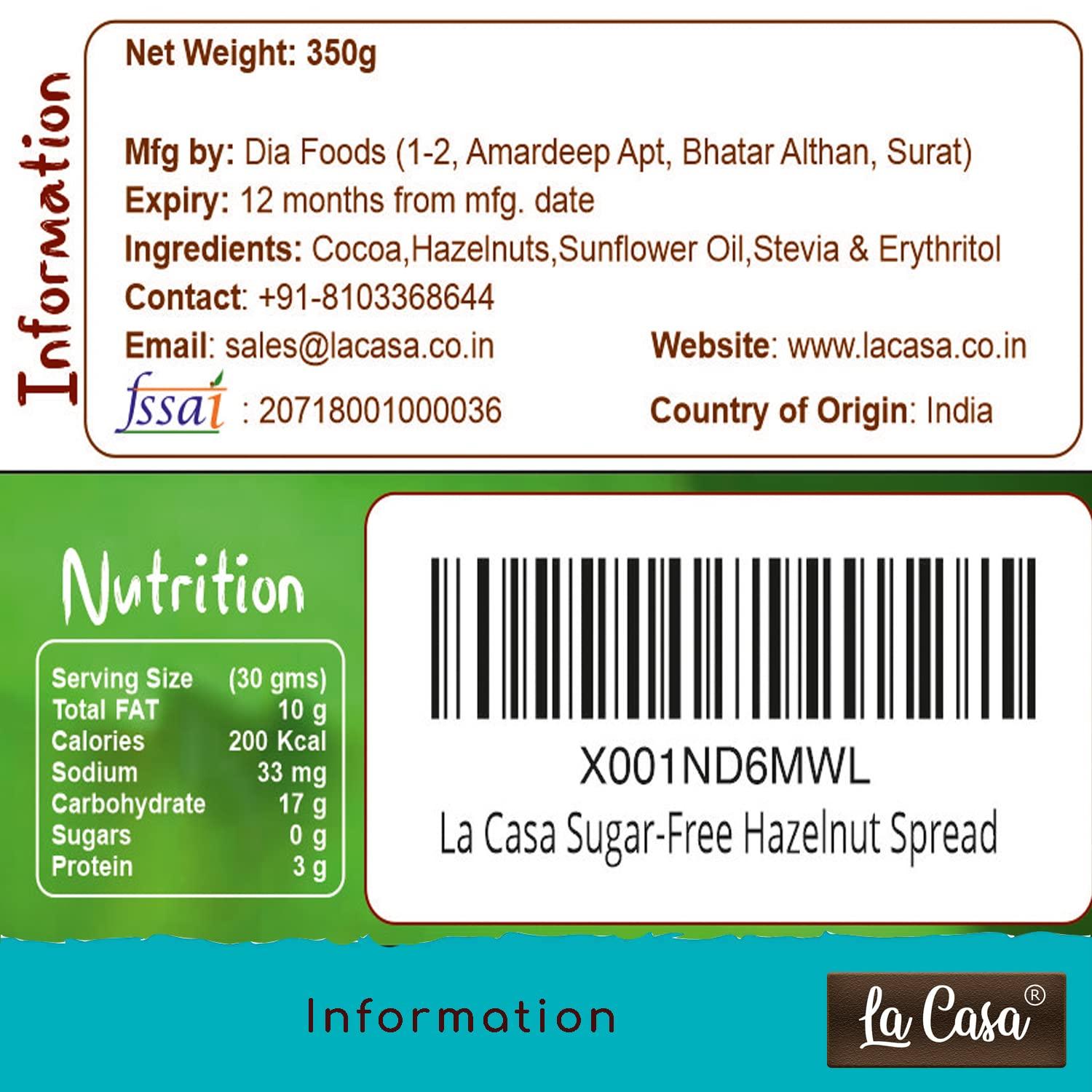 La Casa La Casa Sugar-Free Hazelnut Chocolate Spread | Stevia Based | All Natural | Combo of 2 | 2x350g |