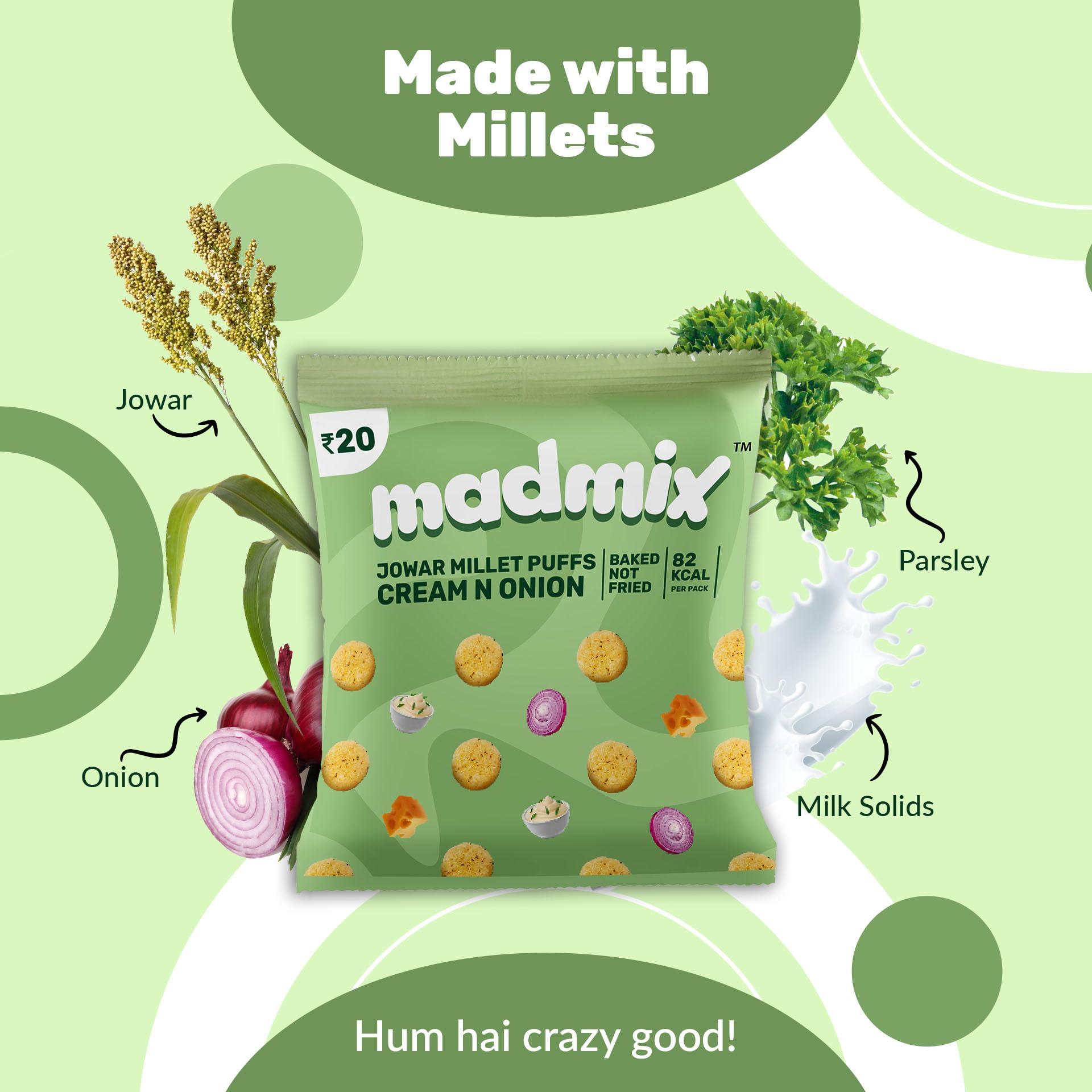 Madmix Madmix Jowar Millet Puffs - Cream & Onion | 480g Pack of 24 (20g X 24) | Gluten-Free | Crunchy Vegan Snack with a Creamy Zest | Baked, Not Fried