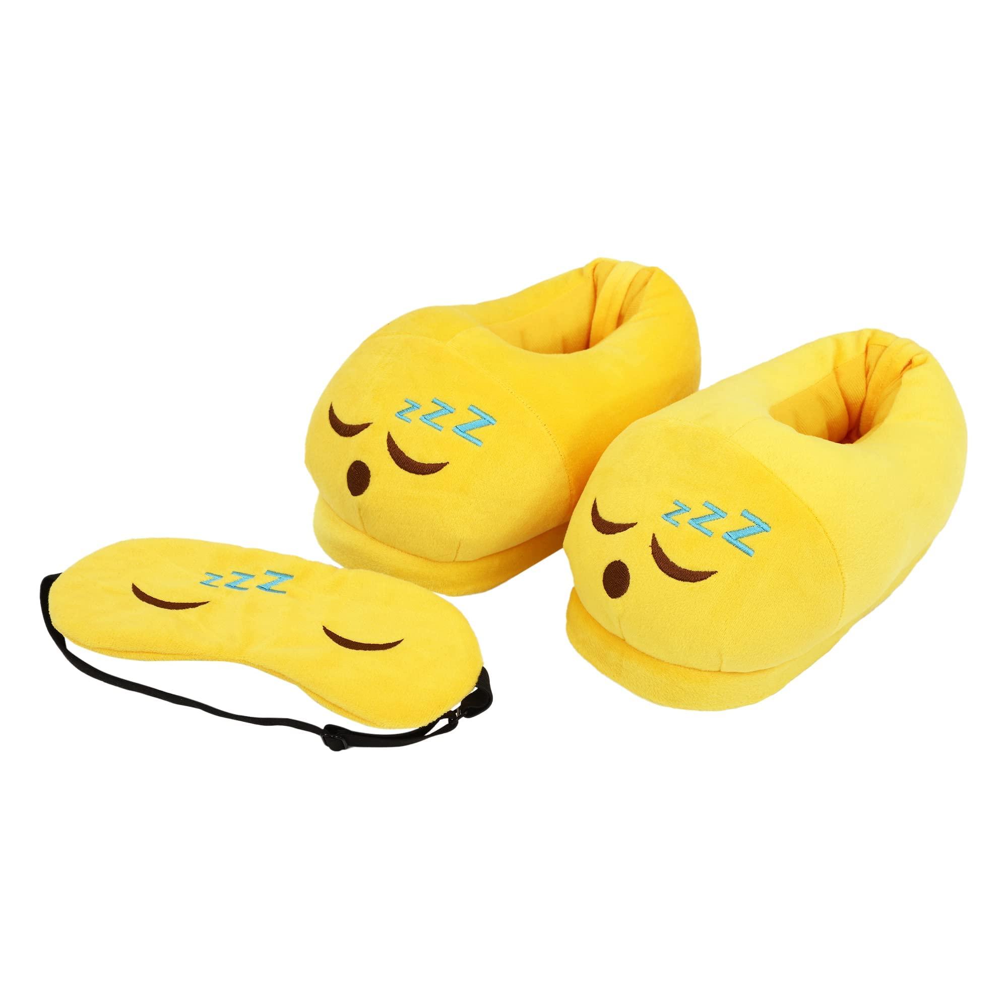 Qualtos Qualtos Sleep Emoji Plush House Indoor Bedroom Mens Yellow Slipper Free Size & matching Eye Mask