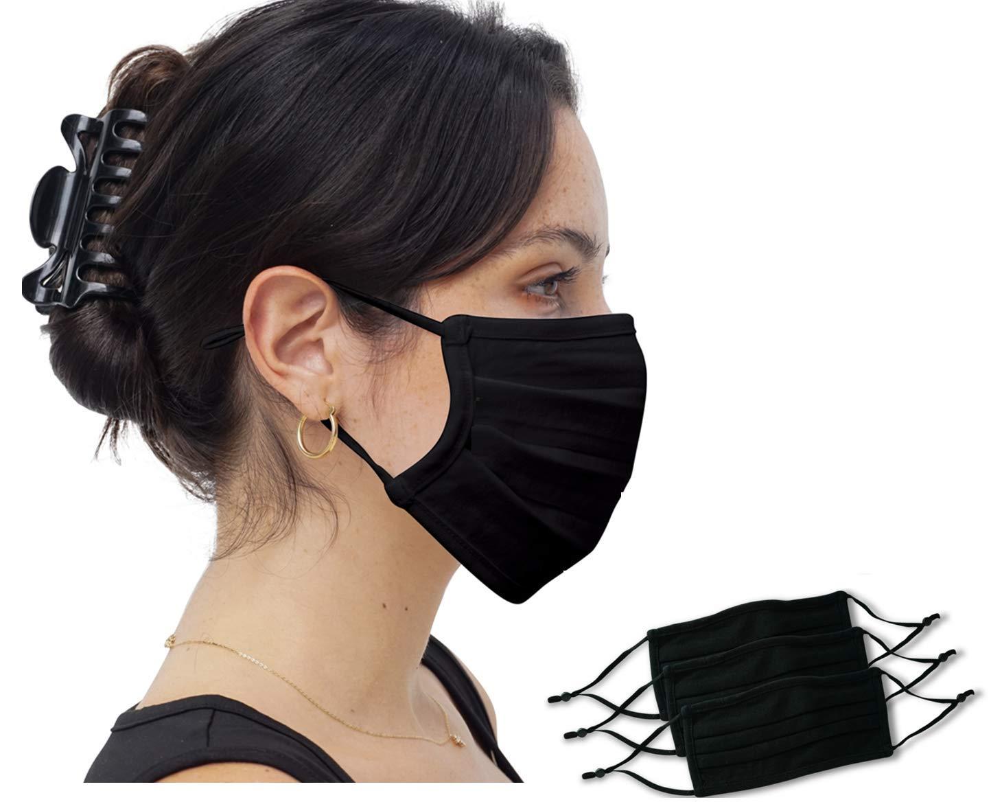 Simlu 3 Pack Simlu Unisex Reusable Pleated Fabric Face Mask with Adjustable Elastic, 2 Layer, Washable, Nose Wire Black Face Mask for Men Women and Kids