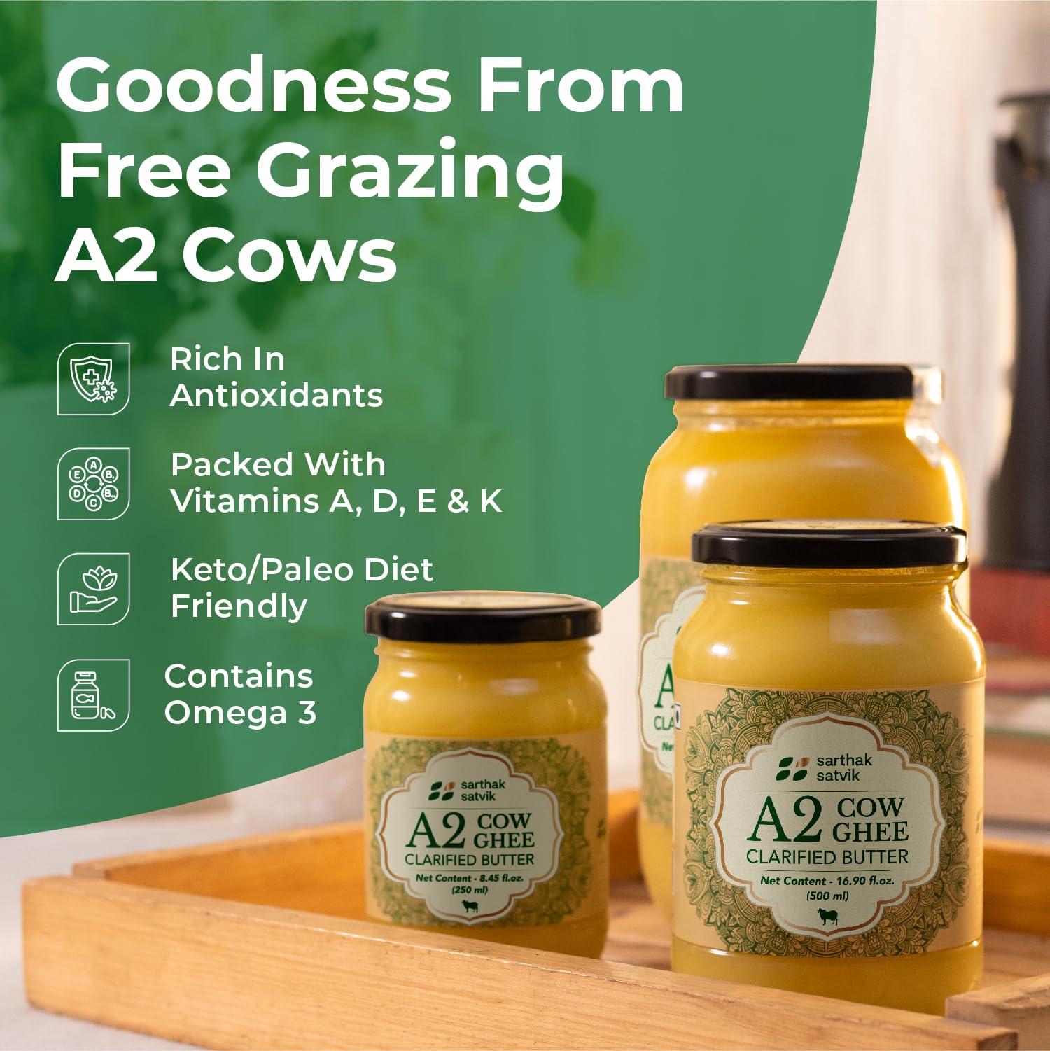 Sarthak Satvik Sarthak Satvik A2 Cow Ghee Desi Organic Butter Pure Nutrient Rich Ghee Made With Traditional Binola Method,Unsalted And Original Ghee,Natural Flavour,Lactose-Free And Keto-Friendly,250 Ml (Pack Of 1)