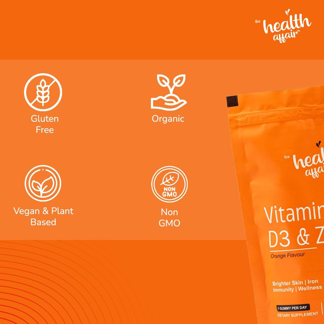 The Health Affair The Health Affair Vitamin C, D3, and Zinc Gummies | Orange flavoured Organic Vegan (30N) | Gluten-Free for Immune System Support, Bone Health and Antioxidant Defense