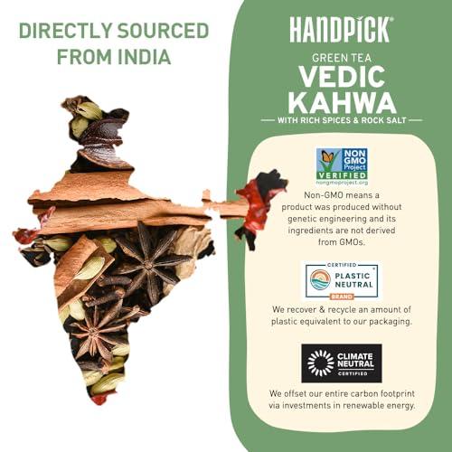 HANDPICK HANDPICK, Vedic Detox Kahwa Green Tea - 100 Tea Bags | Improves Digestion & Aids in Detoxification | Blend of 10 Real Ayurvedic Herbs - Tulsi, Ginger, Black Pepper, Clove, Nutmeg & Rock Salt