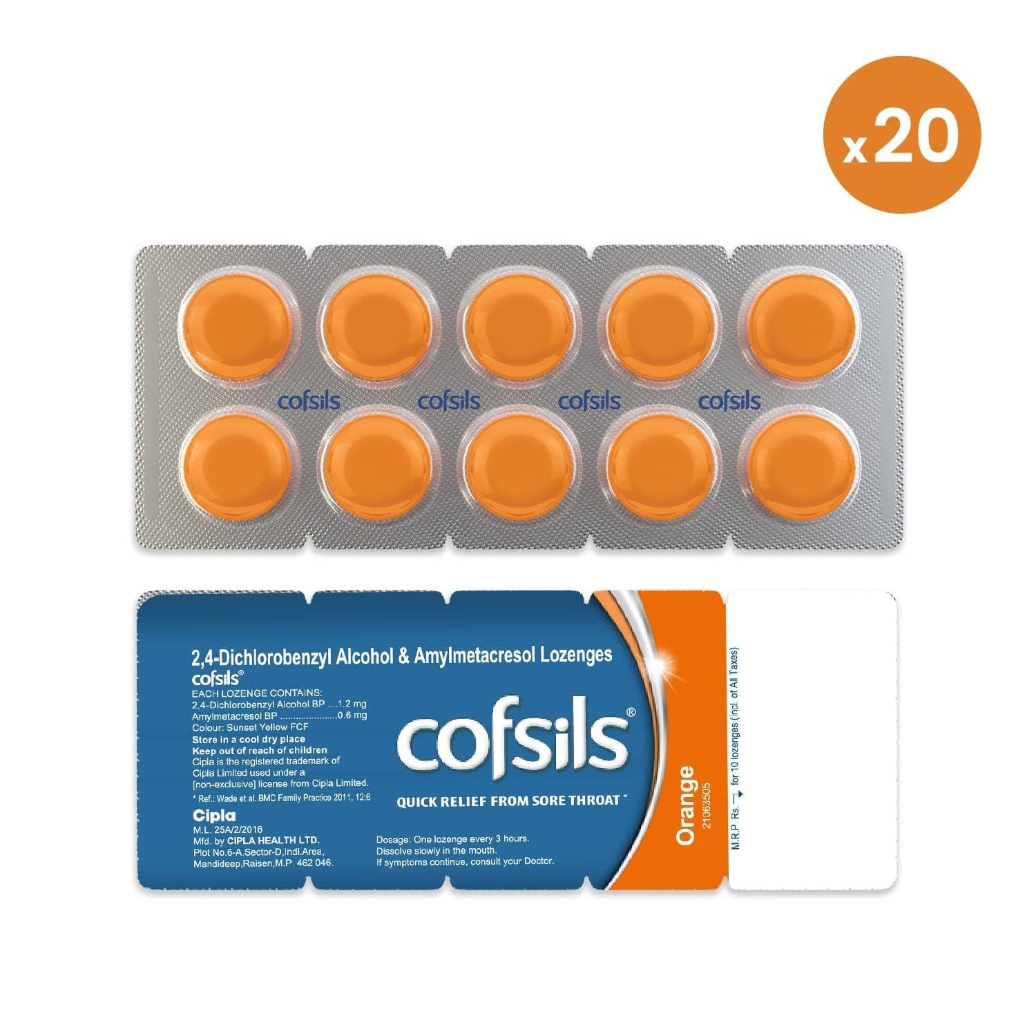 Cipla Cipla Cofsils Lozenges (200 Lozenges) | Orange Flavour | Quick Relief from Sore Throat, Itchy Throat and Scratchy Throat (10 x 20 Strips)