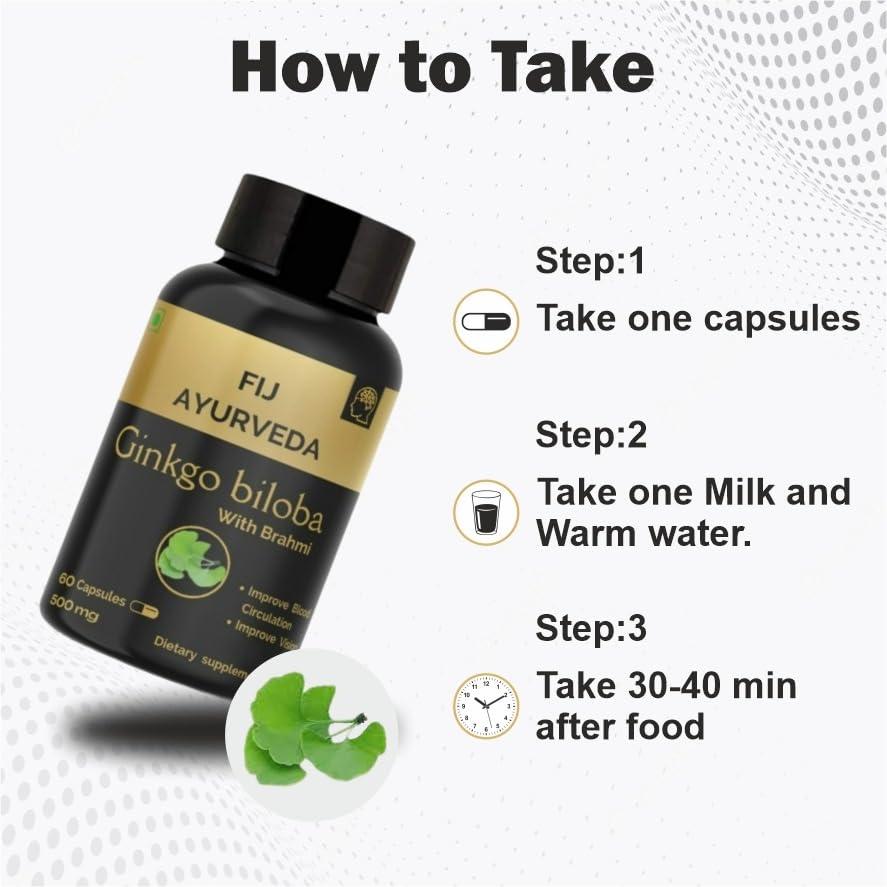 FIJ AYURVEDA FIJ AYURVEDA Ginkgo Biloba with Brahmi Extract Capsules - Supports Memory & Focus - 500mg 60 Count