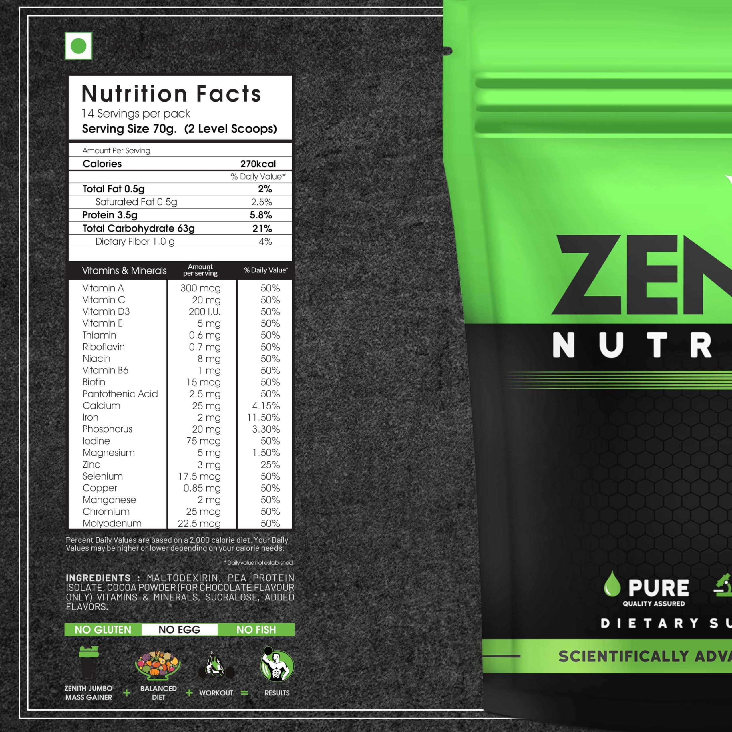 Zenith Nutrition Zenith Sports Jumbo Mass Gainer 1kg | Promotes Muscle Strength | 63g Carbs | 3.5g Protein | Double Rich Chocolate Flavor