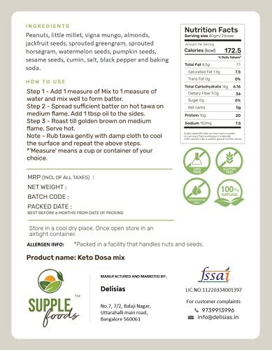 SUPPLE foods SUPPLE foods Keto Dosa Batter Instant Mix - 400g - Healthy Low Carb, High Protein & Low GI Diet - Easy to Cook Natural Plant Proteins Dosa Mix Powder - Gluten Free and Vegan