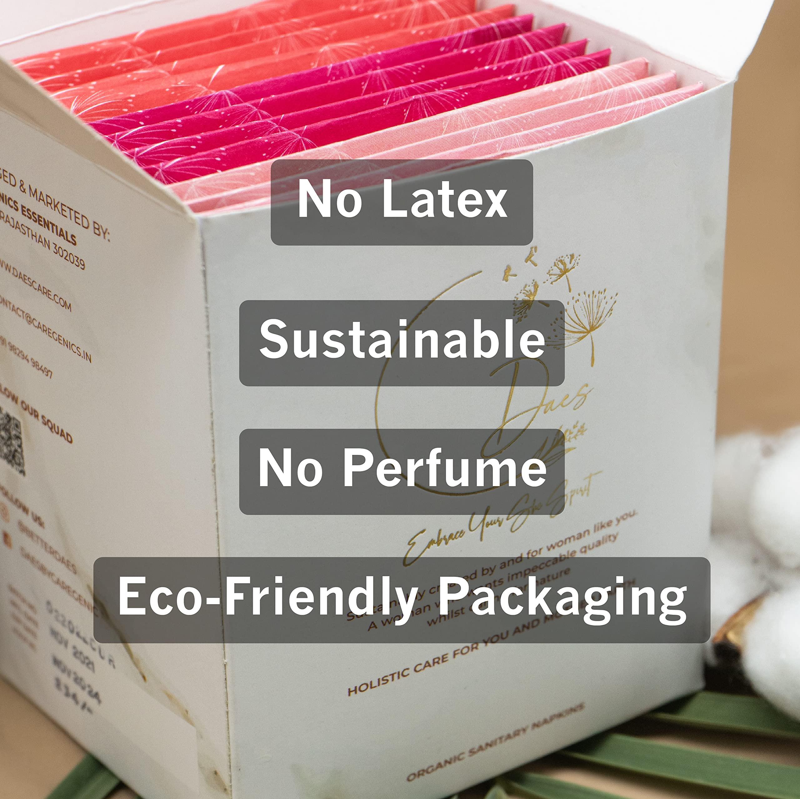 daes DAES Sanitary Pads for Women - Organic Cotton, Toxin-Free, Unscented, Ultra Thin, Ultra Soft, Vegan, Biodegradable Disposal Bags, Wider Back, Leakage Proof - 14 Cottony Soft Cover Pads, Anti-Bacterial and Extra Long Regular Flow - Sanitary Napkins fo